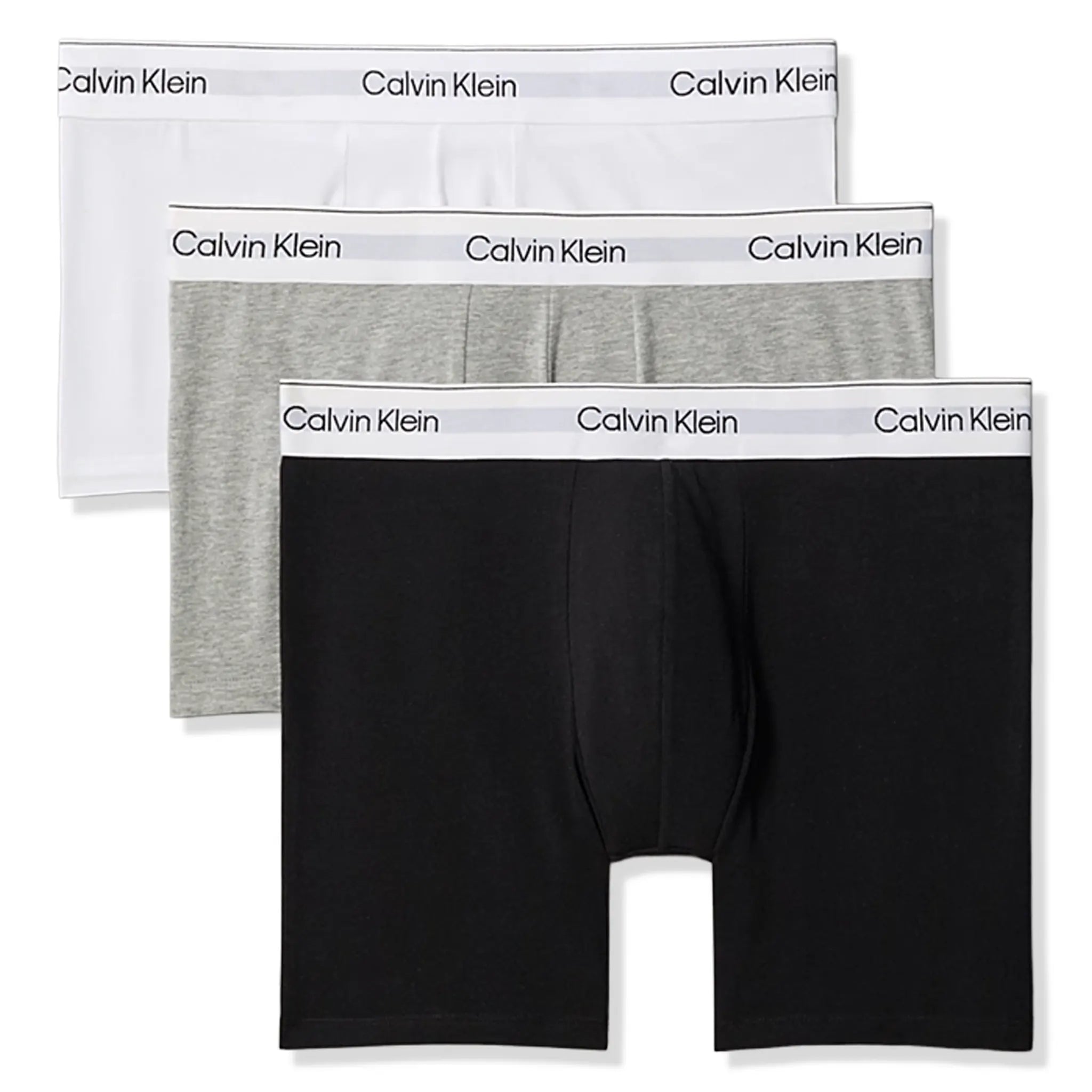 Front View of Calvin Klein White Black Grey Boxer Briefs Three Pack