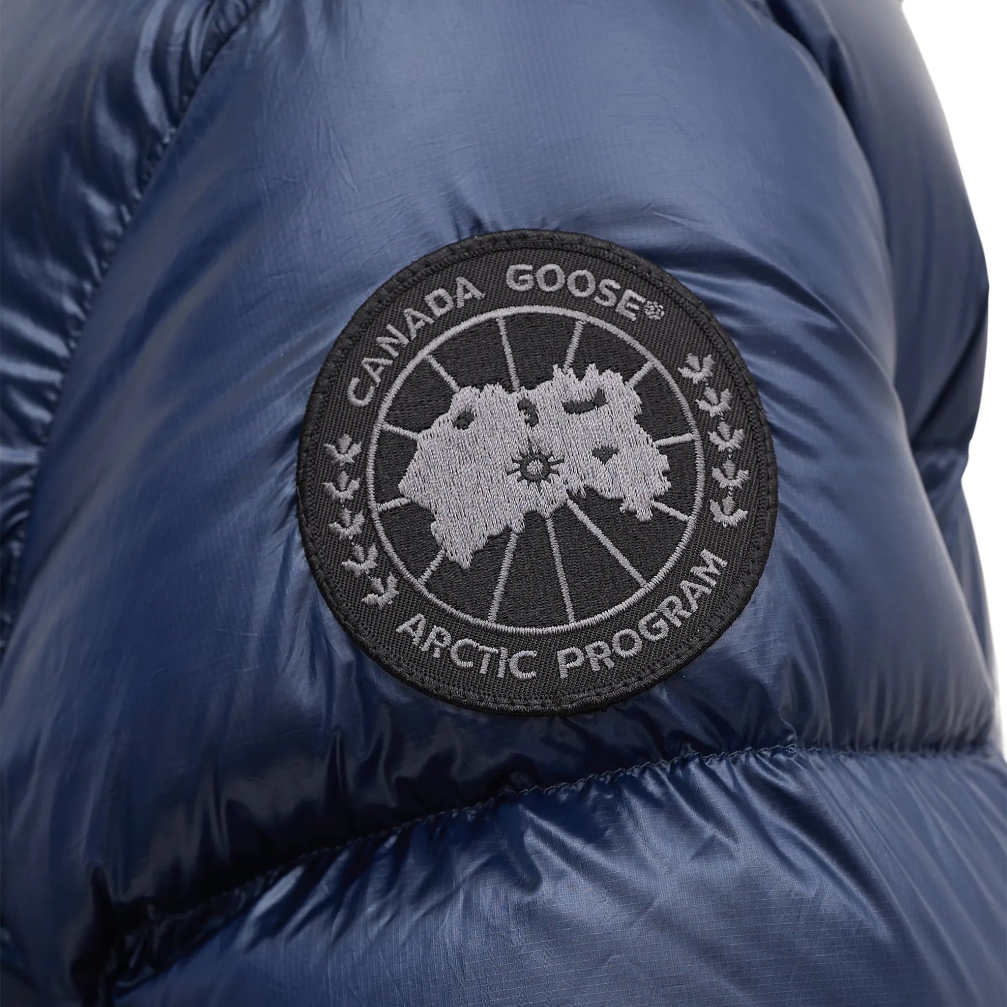 Logo Side View of Canada Goose Down & Nylon Crofton Navy Puffer Jacket 2252M 