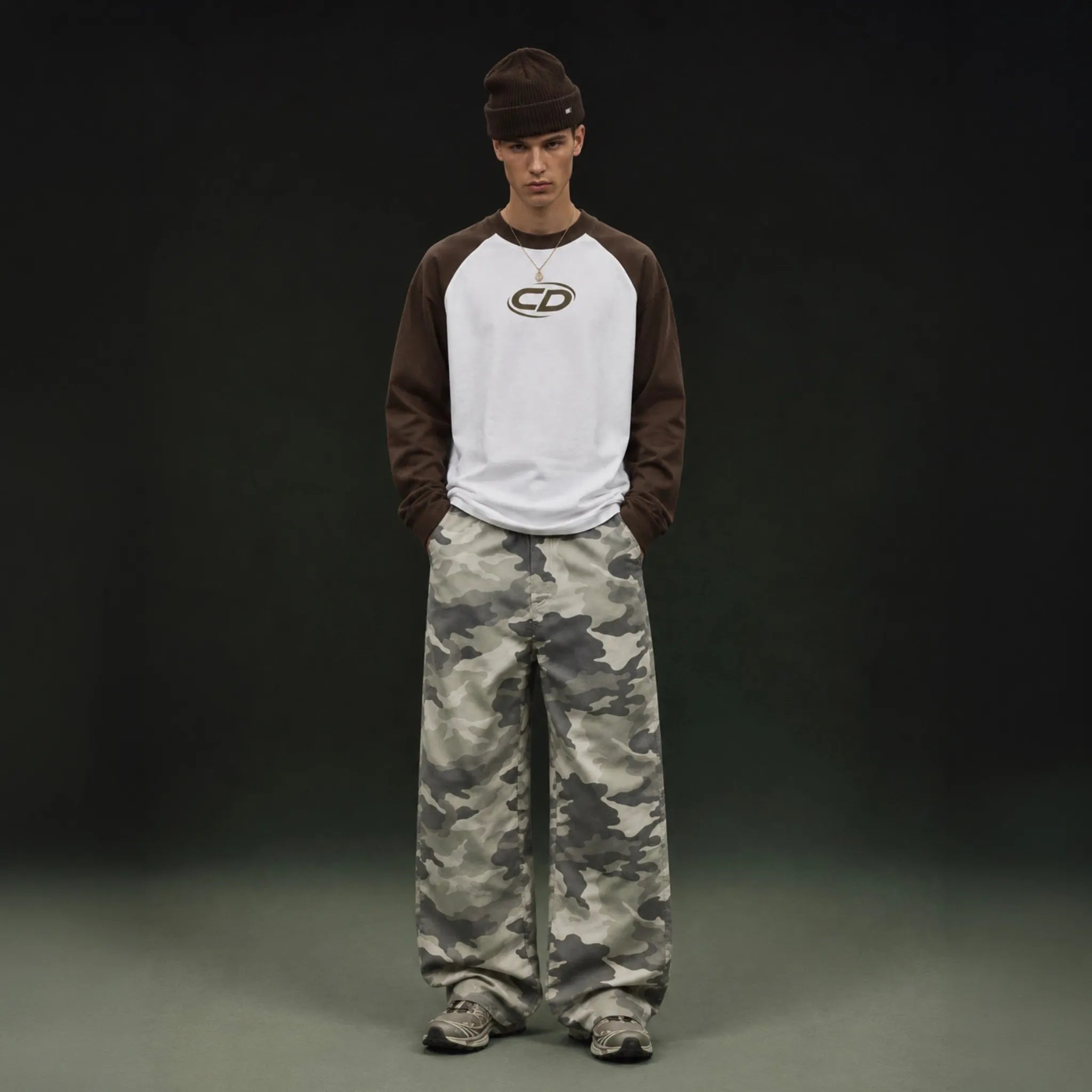 Front View of Cardair Studio White Brown L/S T-Shirt