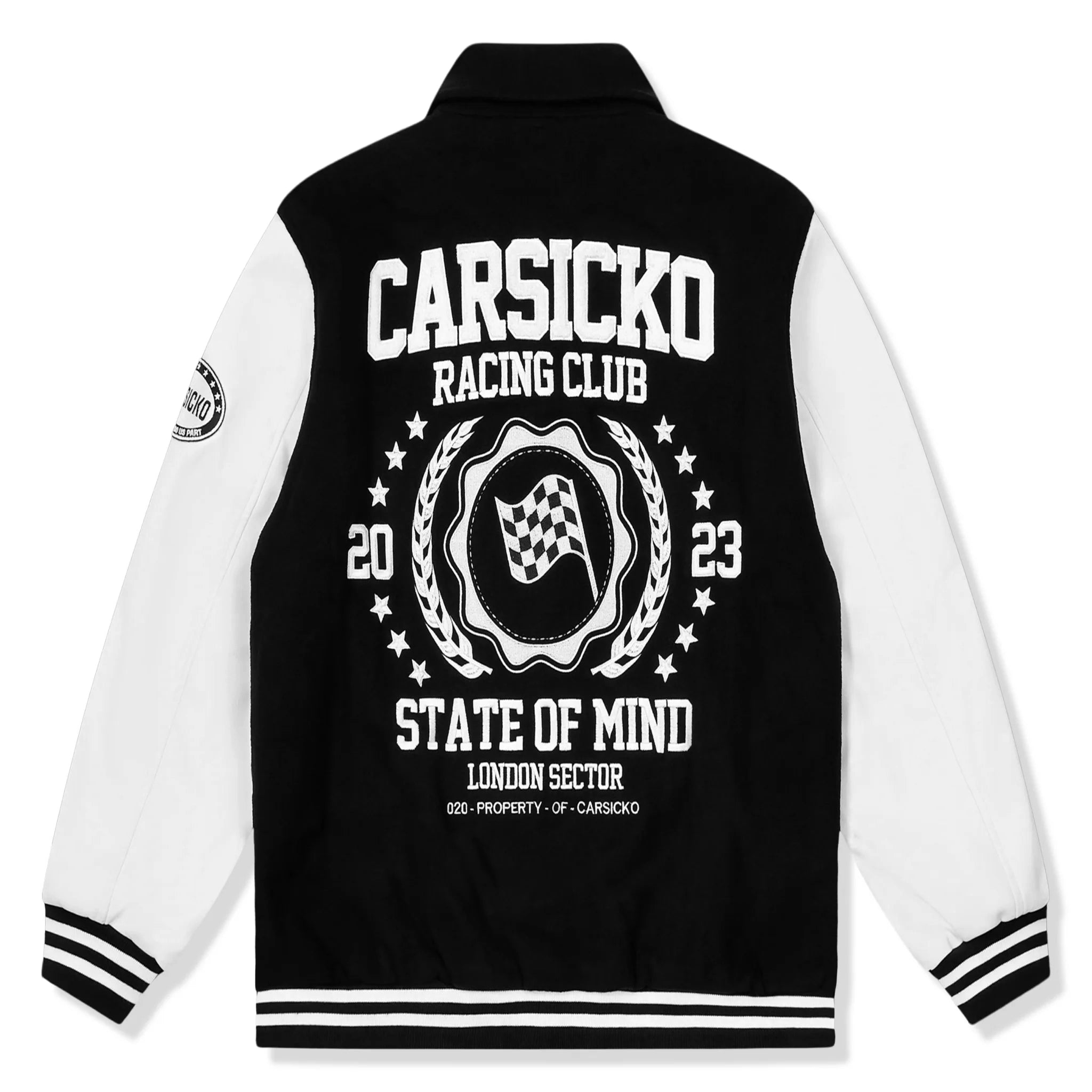 Back view of Carsicko Racing Club Black Varsity Jacket