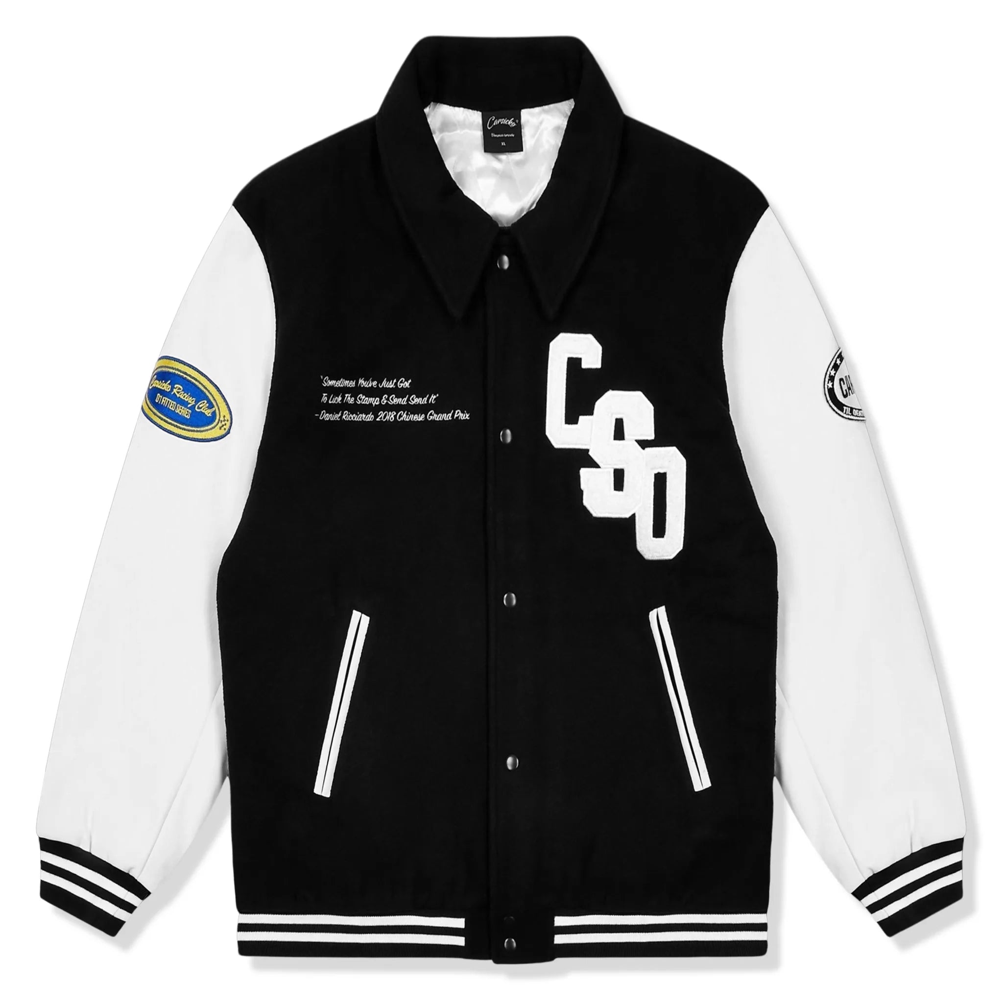 Front view of Carsicko Racing Club Black Varsity Jacket
