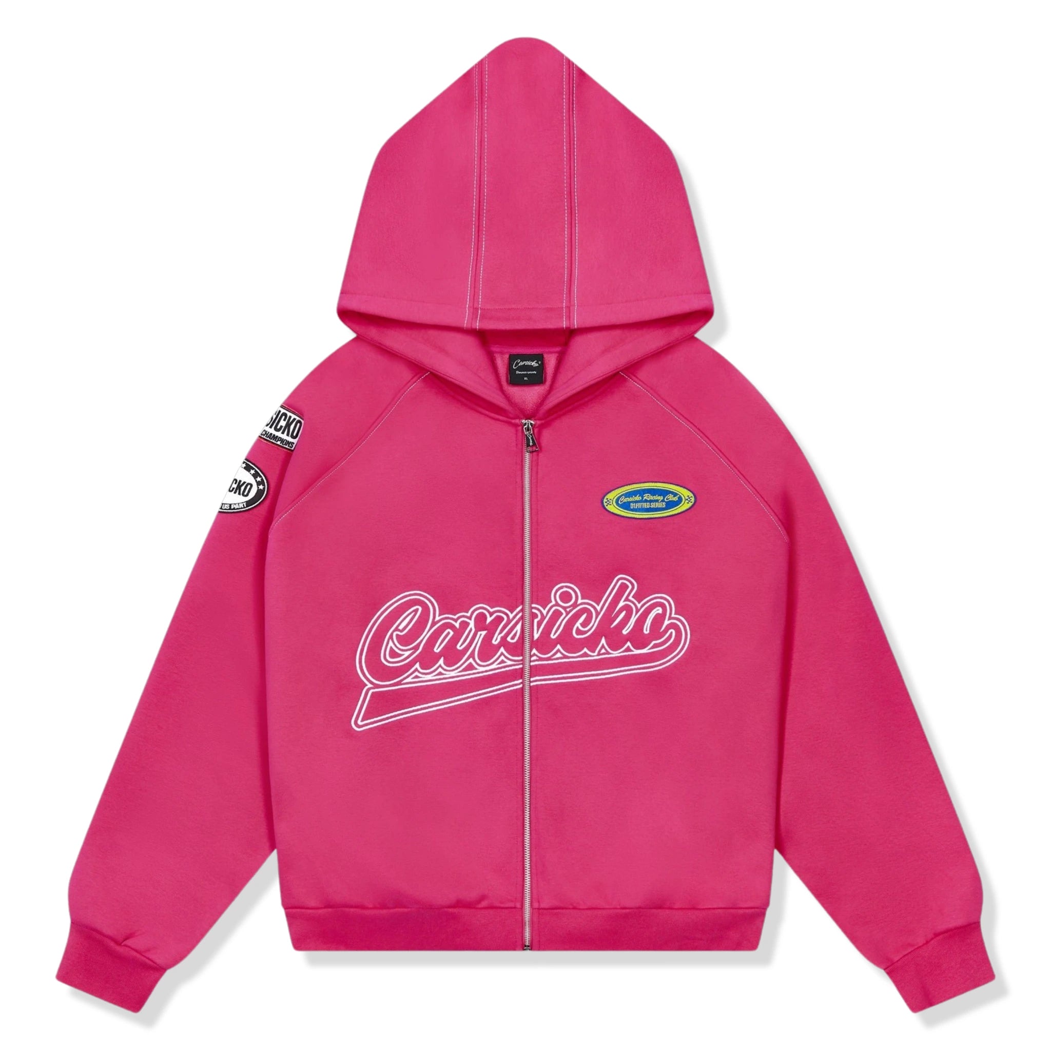 Front view of Carsicko Racing Club Pink Hoodie