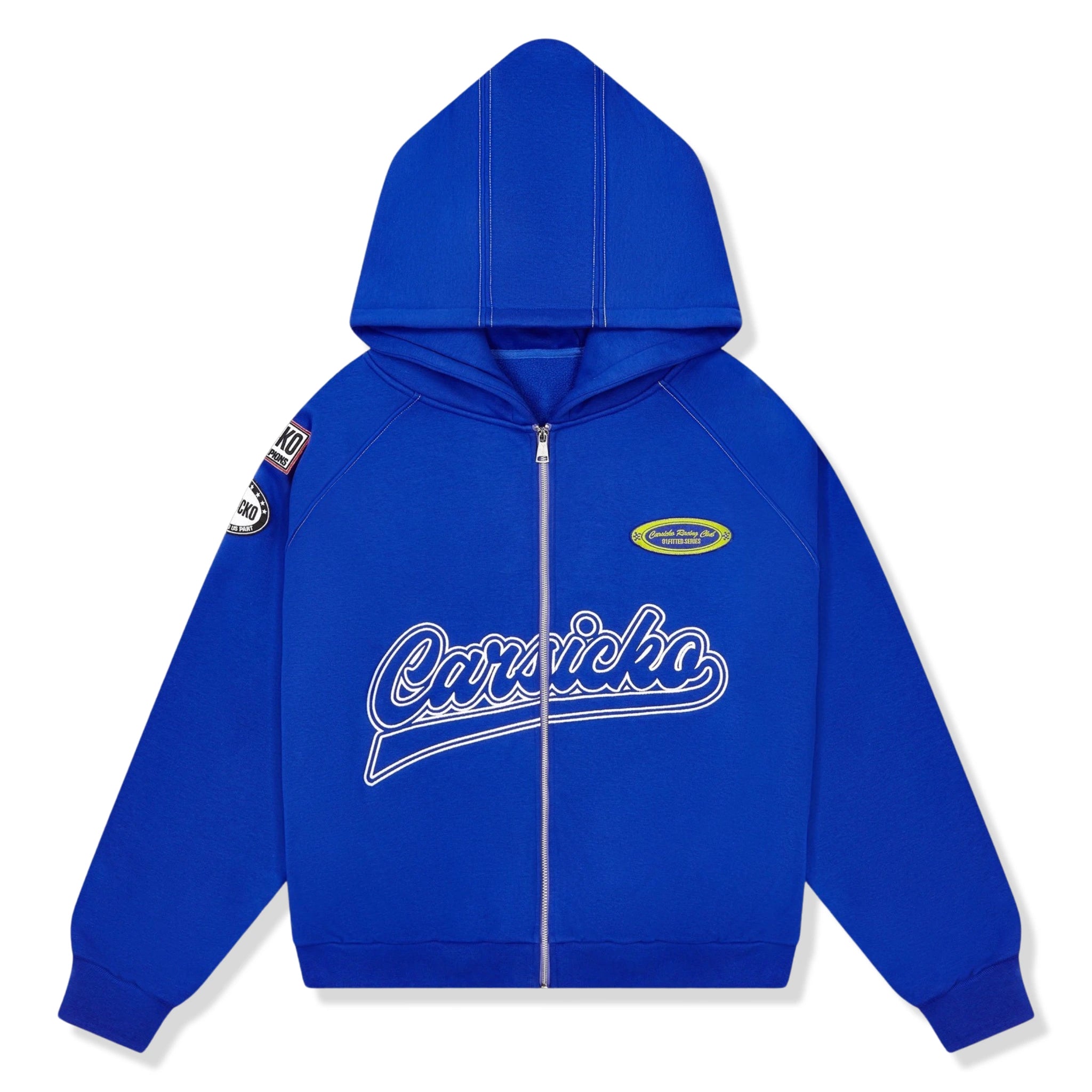 Front view of Carsicko Racing Club Zip-Up Blue Hoodie