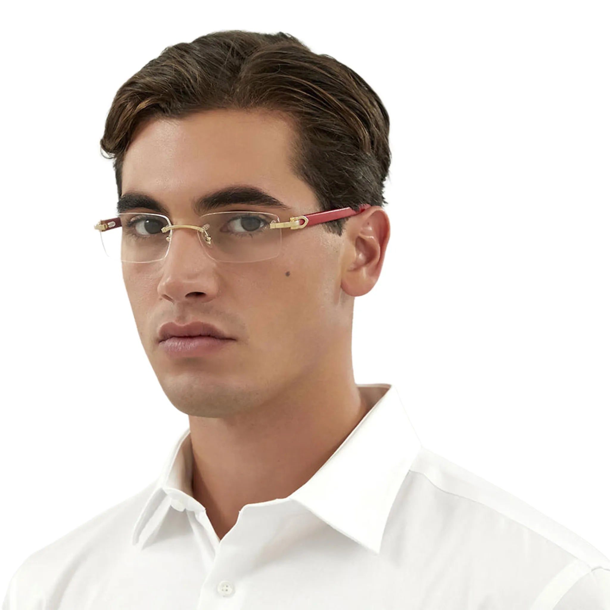 Model View of Cartier Eyewear CT0052O-006 Transparent Gold Red Rimless Sunglasses