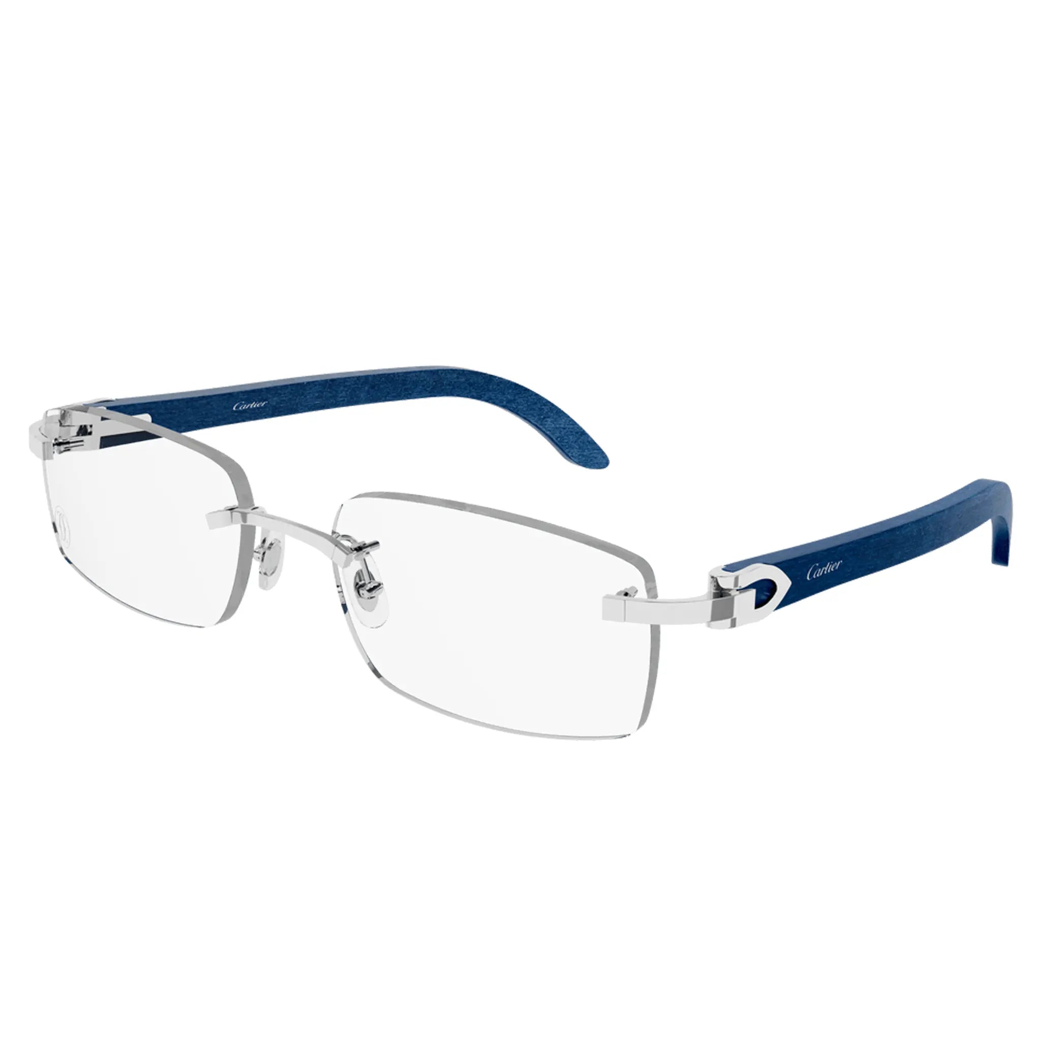 Front Side View of Cartier Eyewear CT0052O-007 Transparent Silver Blue Rimless Sunglasses