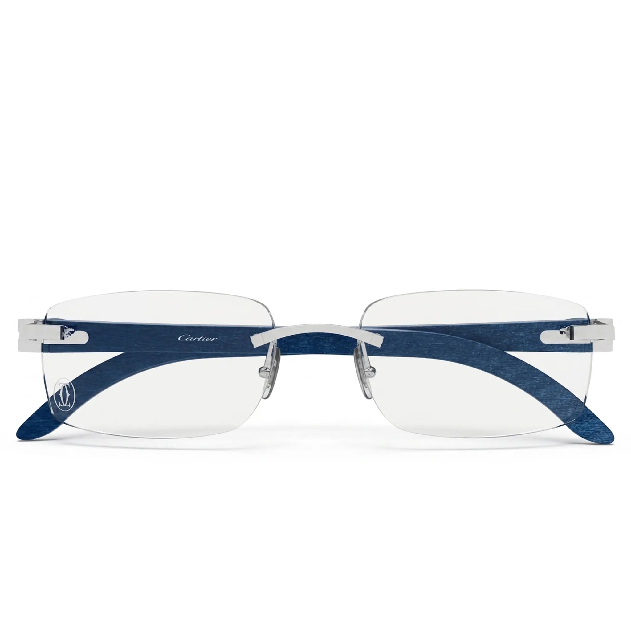 Front View of Cartier Eyewear CT0052O-007 Transparent Silver Blue Rimless Sunglasses