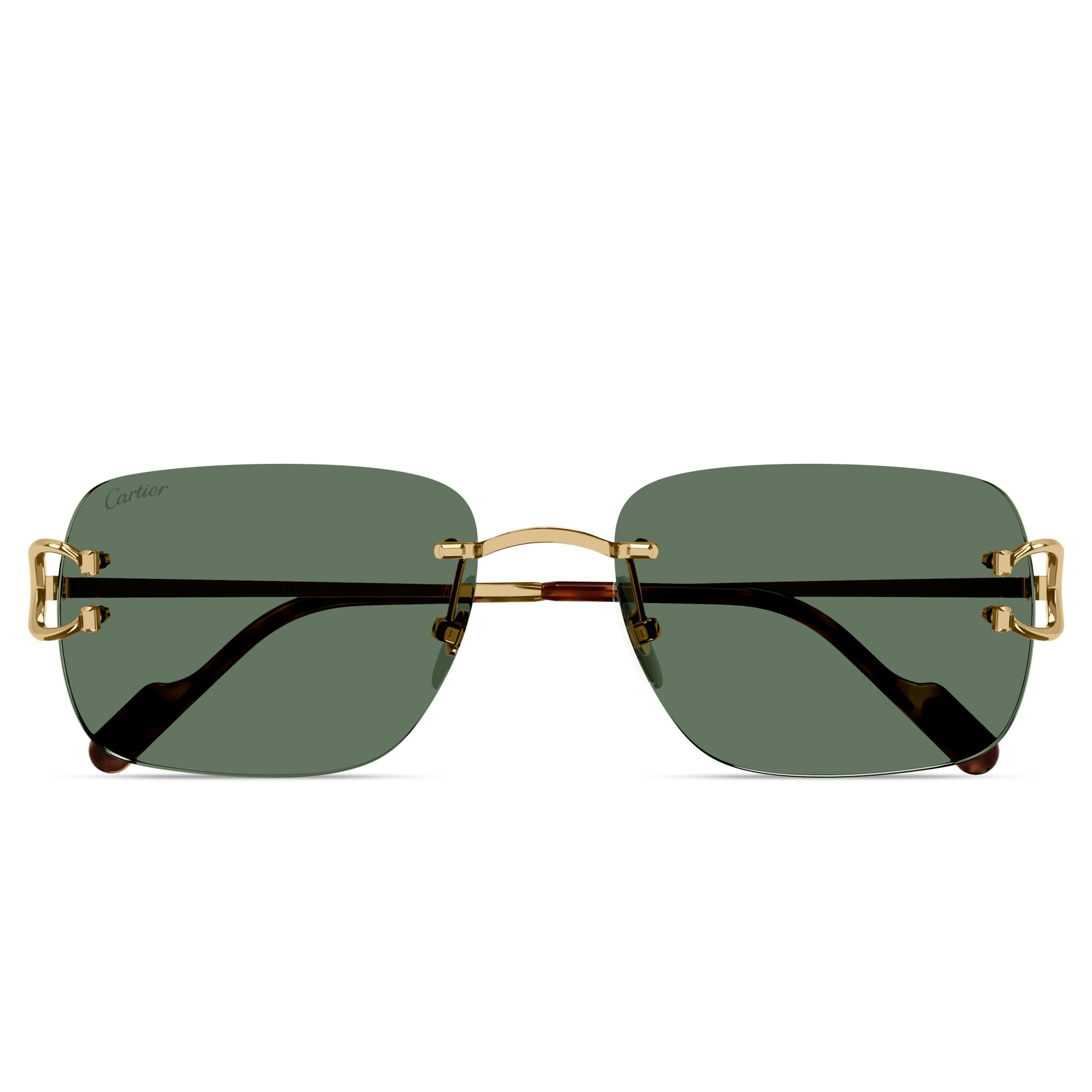 Front view of Cartier Eyewear CT0330S-005 C Decor Gold Green Rimless Sunglasses CT0330S-005