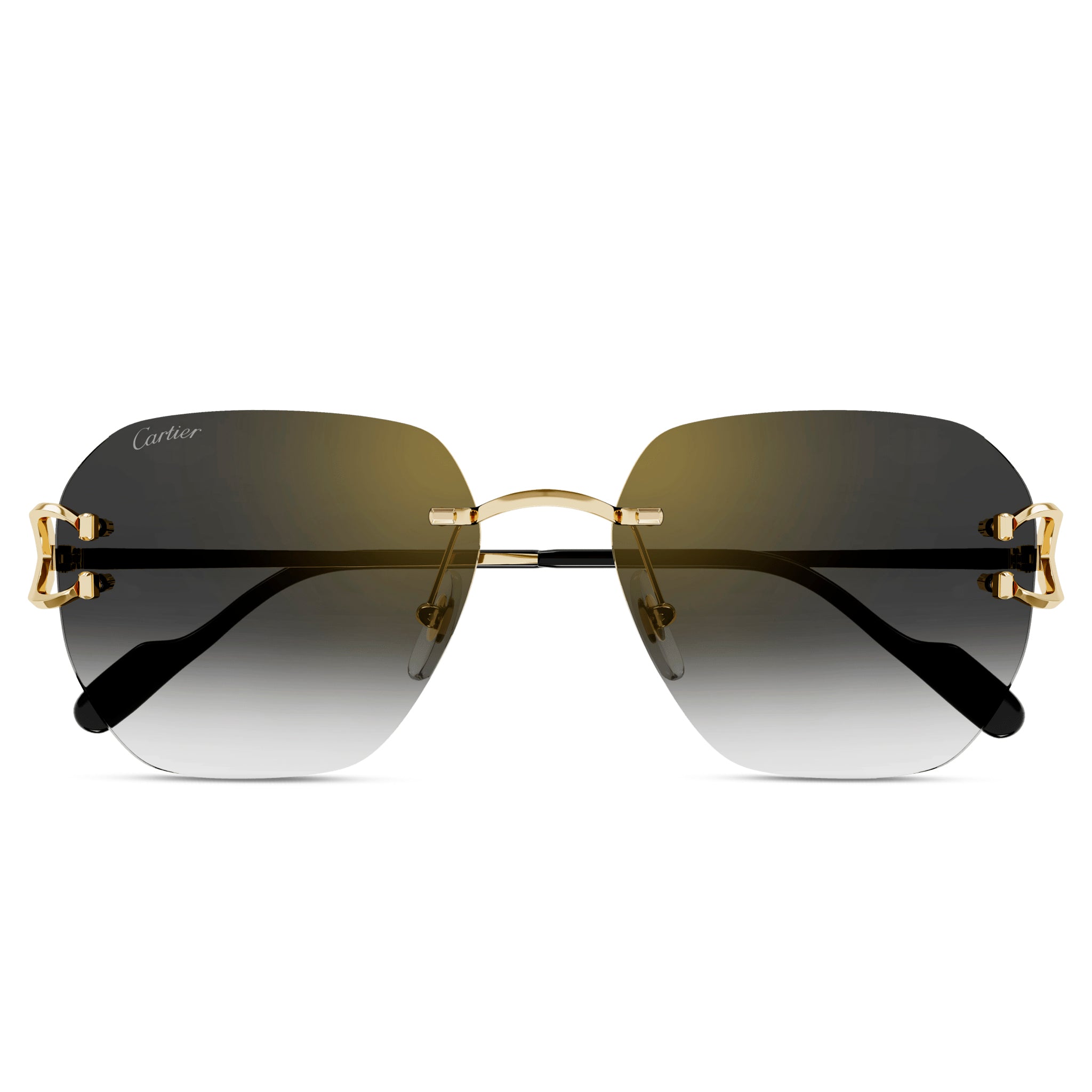 Front view of Cartier Eyewear CT0394S-001 C Decor Gold Grey Rimless Sunglasses 