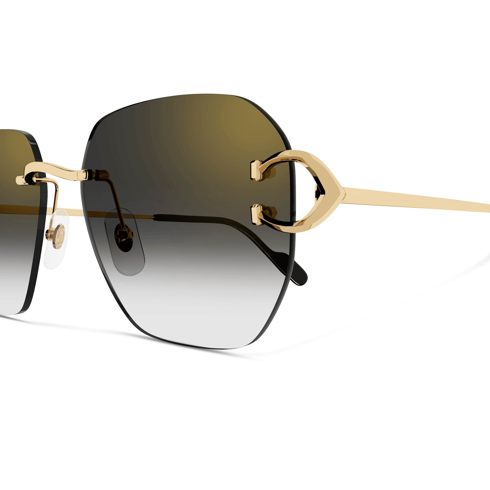 Close up view of Cartier Eyewear CT0394S-001 C Decor Gold Grey Rimless Sunglasses