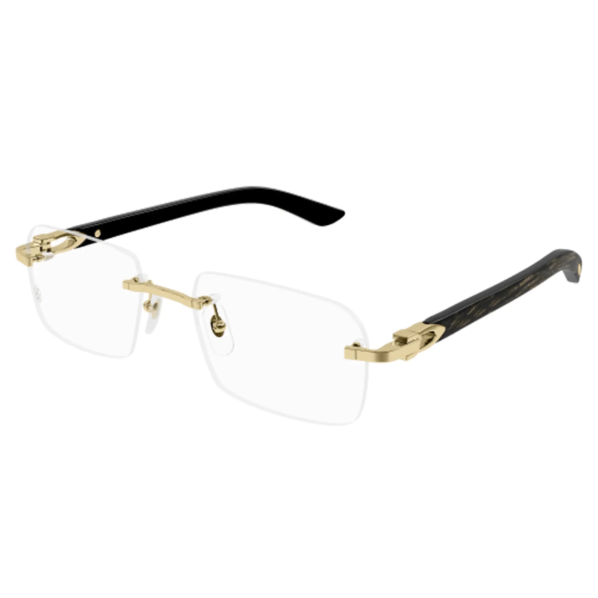 Front Side View of Cartier Eyewear CT0453O-001 Transparent Black Gold Rimless Sunglasses