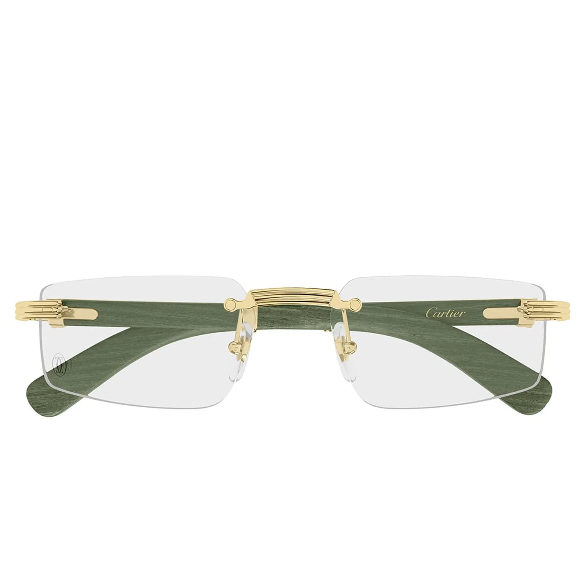 Front View of Cartier Eyewear CT0485O-006 Transparent Gold Green Real Wood Rimless Sunglasses