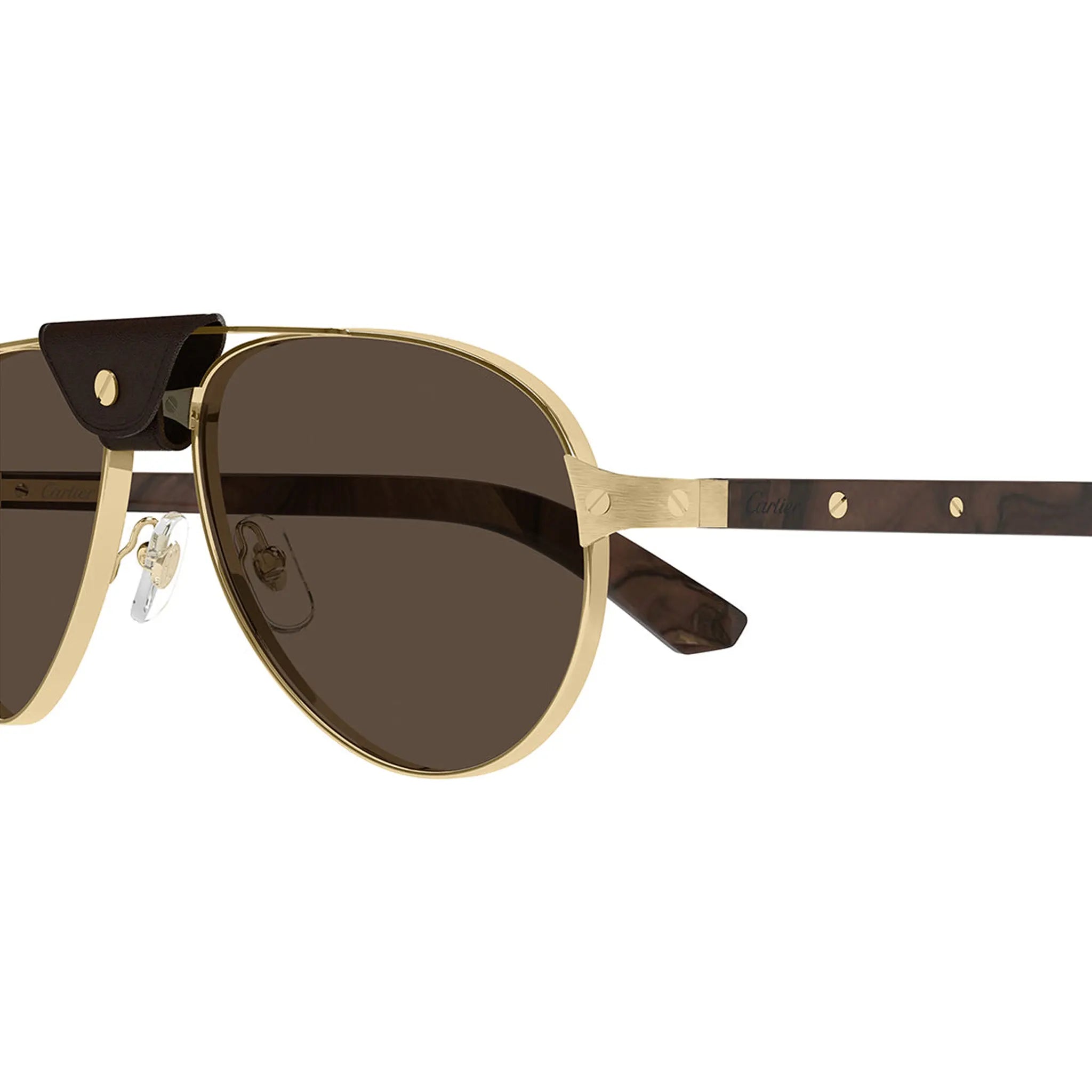 Detailed Front Side View of Cartier Eyewear CT0495S-004 Gold Brown Rimless Sunglasses