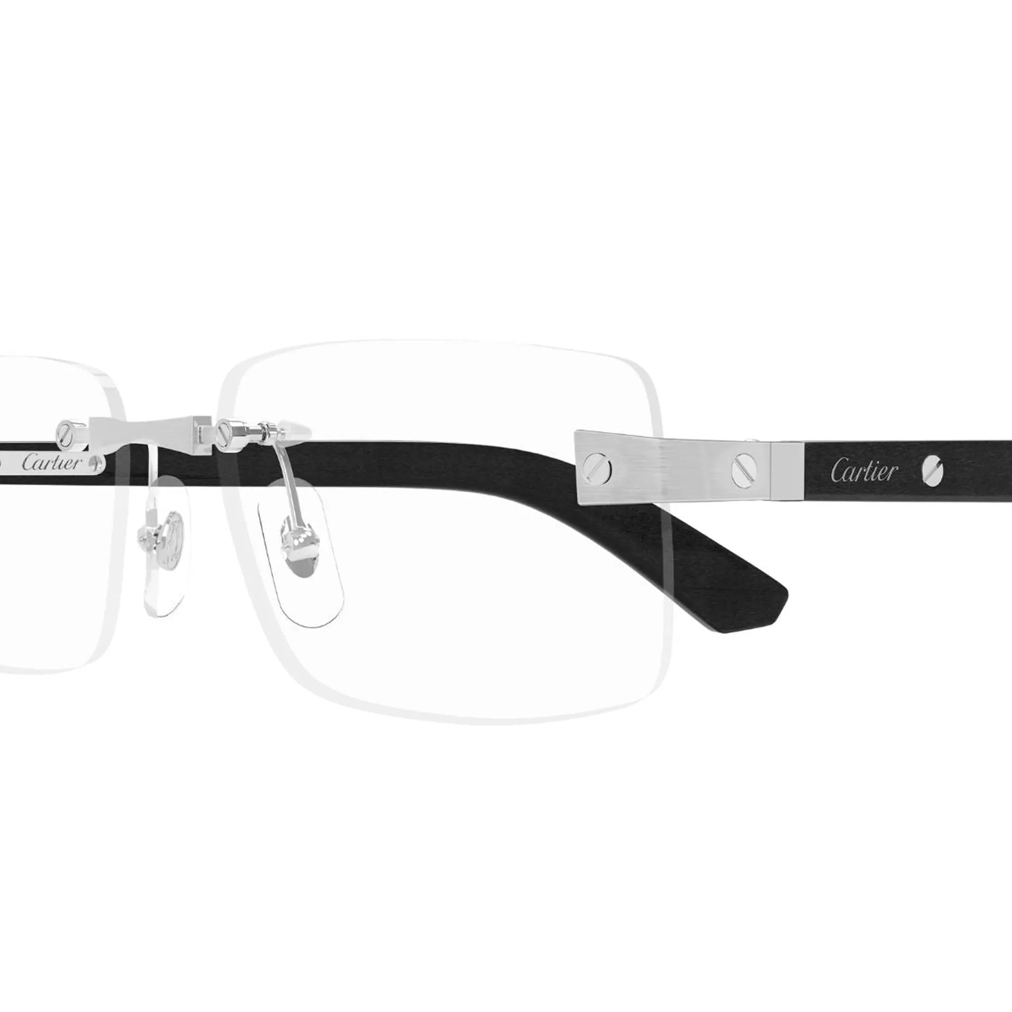Detailed View of Cartier Eyewear CT0513O-003 Transparent Silver Black Rimless Sunglasses