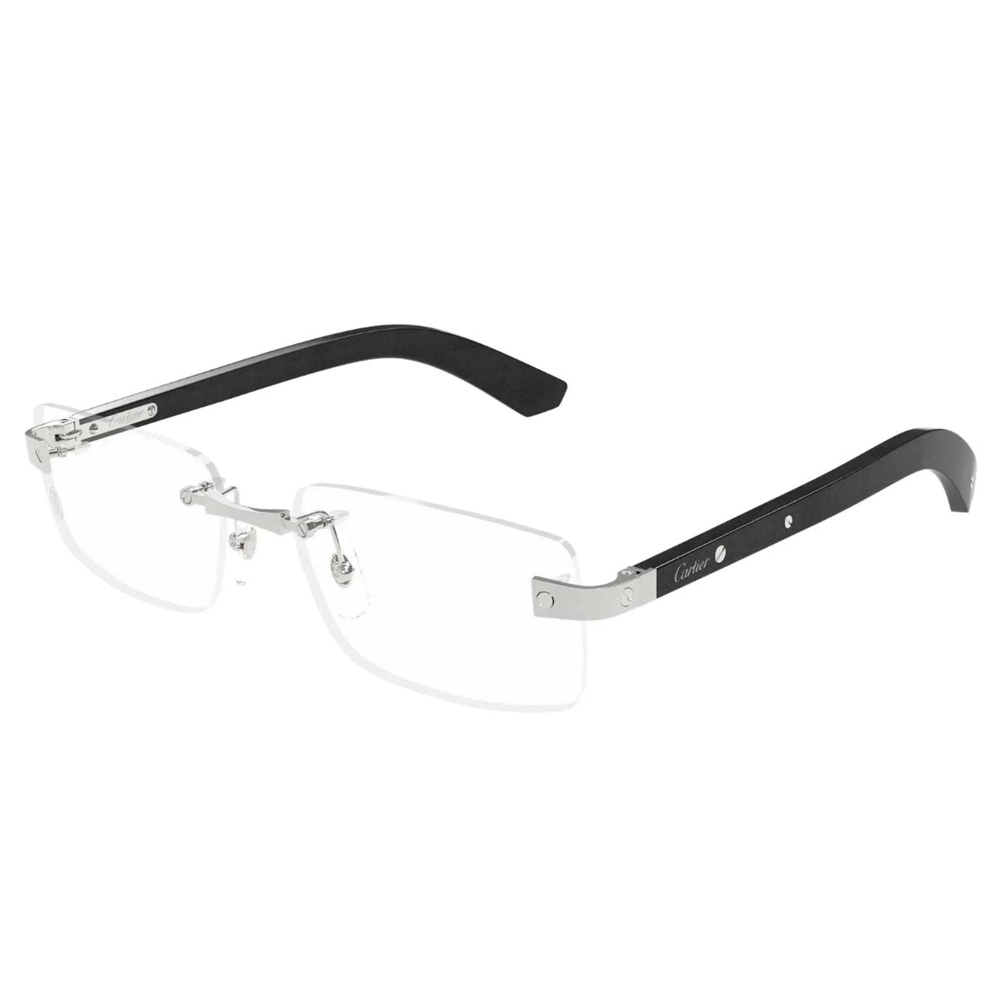 Front Side View of Cartier Eyewear CT0513O-003 Transparent Silver Black Rimless Sunglasses