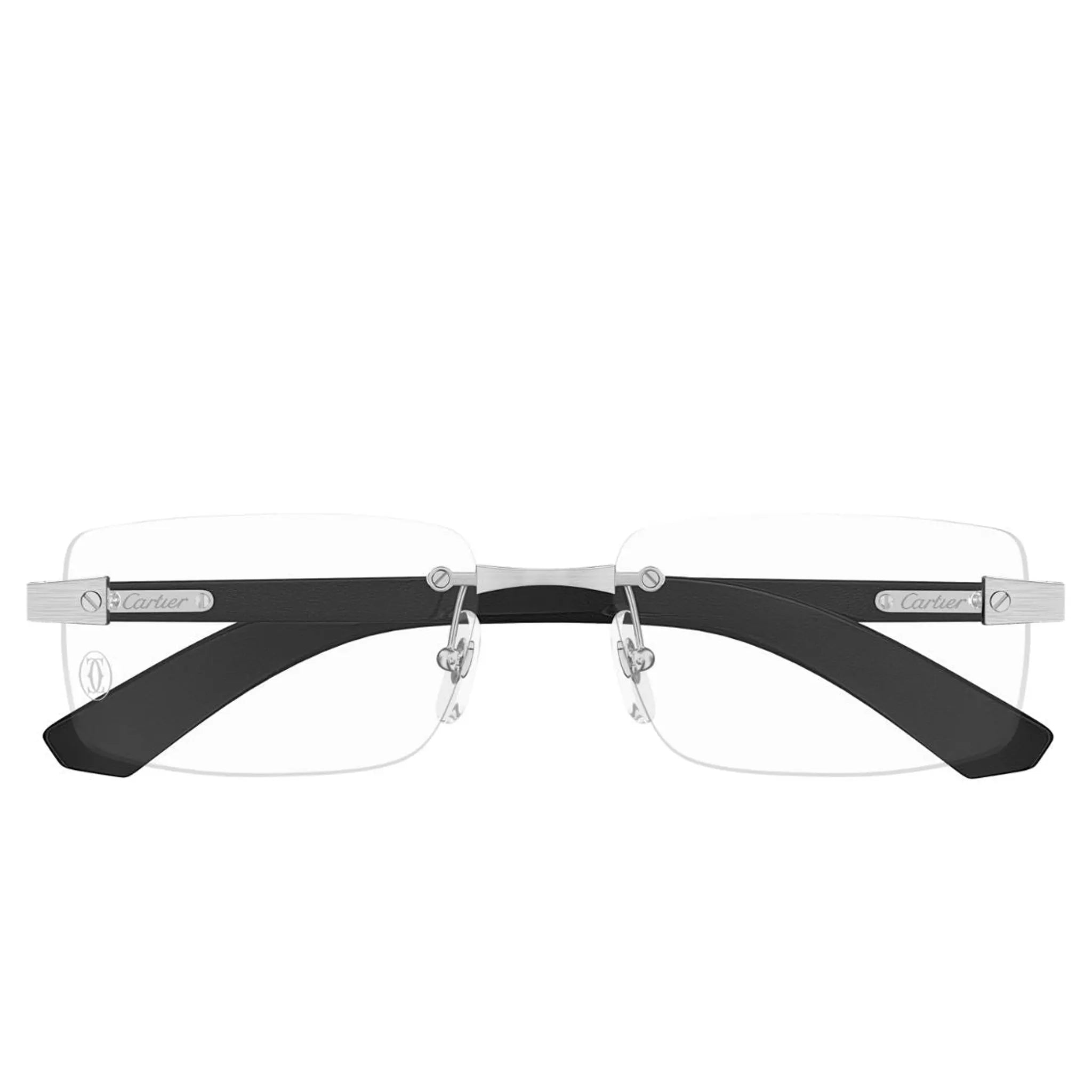 Front View of Cartier Eyewear CT0513O-003 Transparent Silver Black Rimless Sunglasses