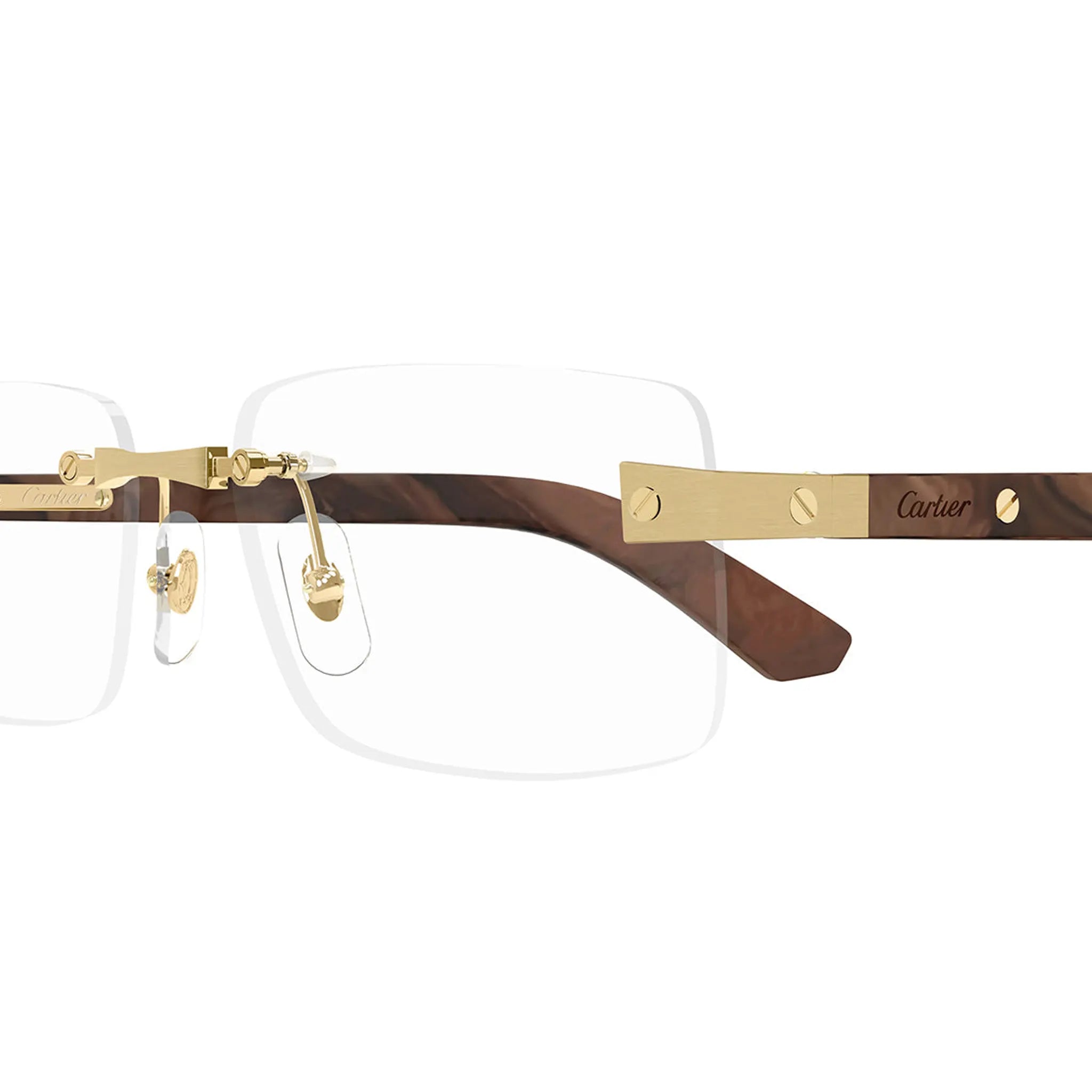 Detailed View of Cartier Eyewear CT0513O-004 Transparent Gold Brown Rimless Sunglasses