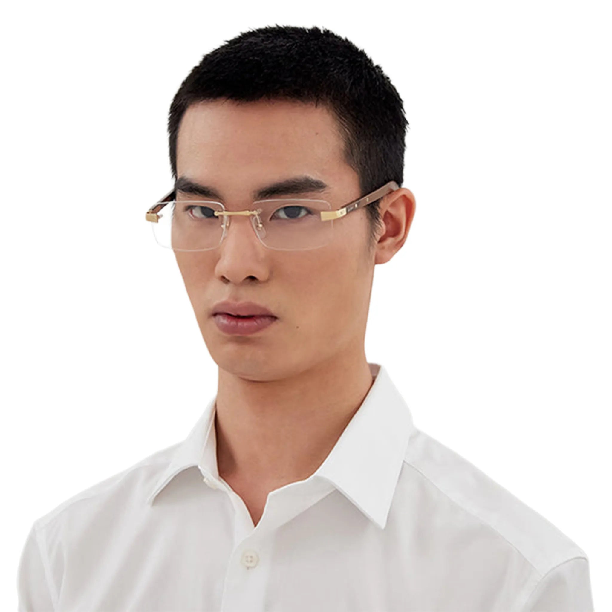 Model View of Cartier Eyewear CT0513O-004 Transparent Gold Brown Rimless Sunglasses