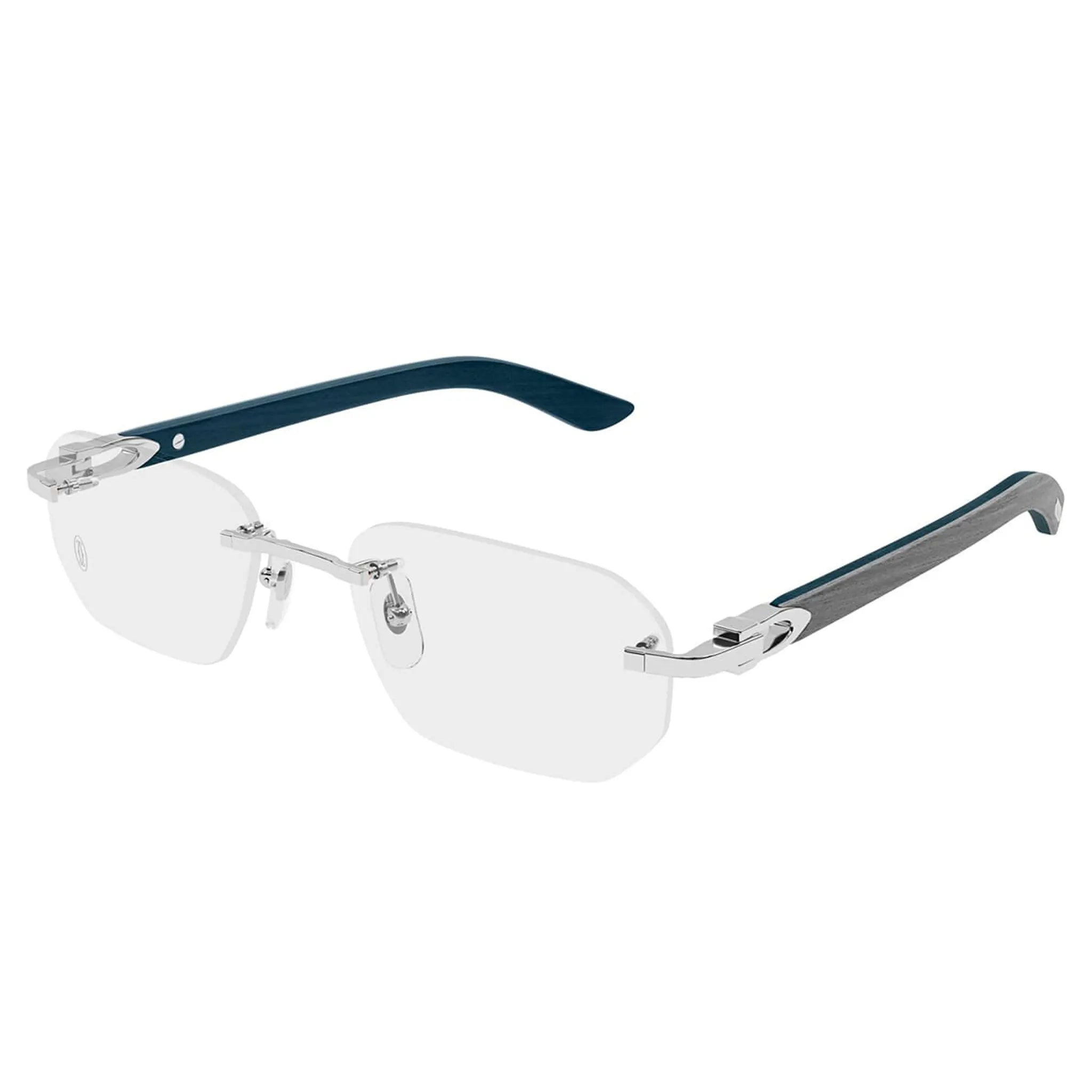 Front Side View of Cartier Eyewear CT0583O-004 Buffalo Horn Transparent Silver Grey Rimless Sunglasses