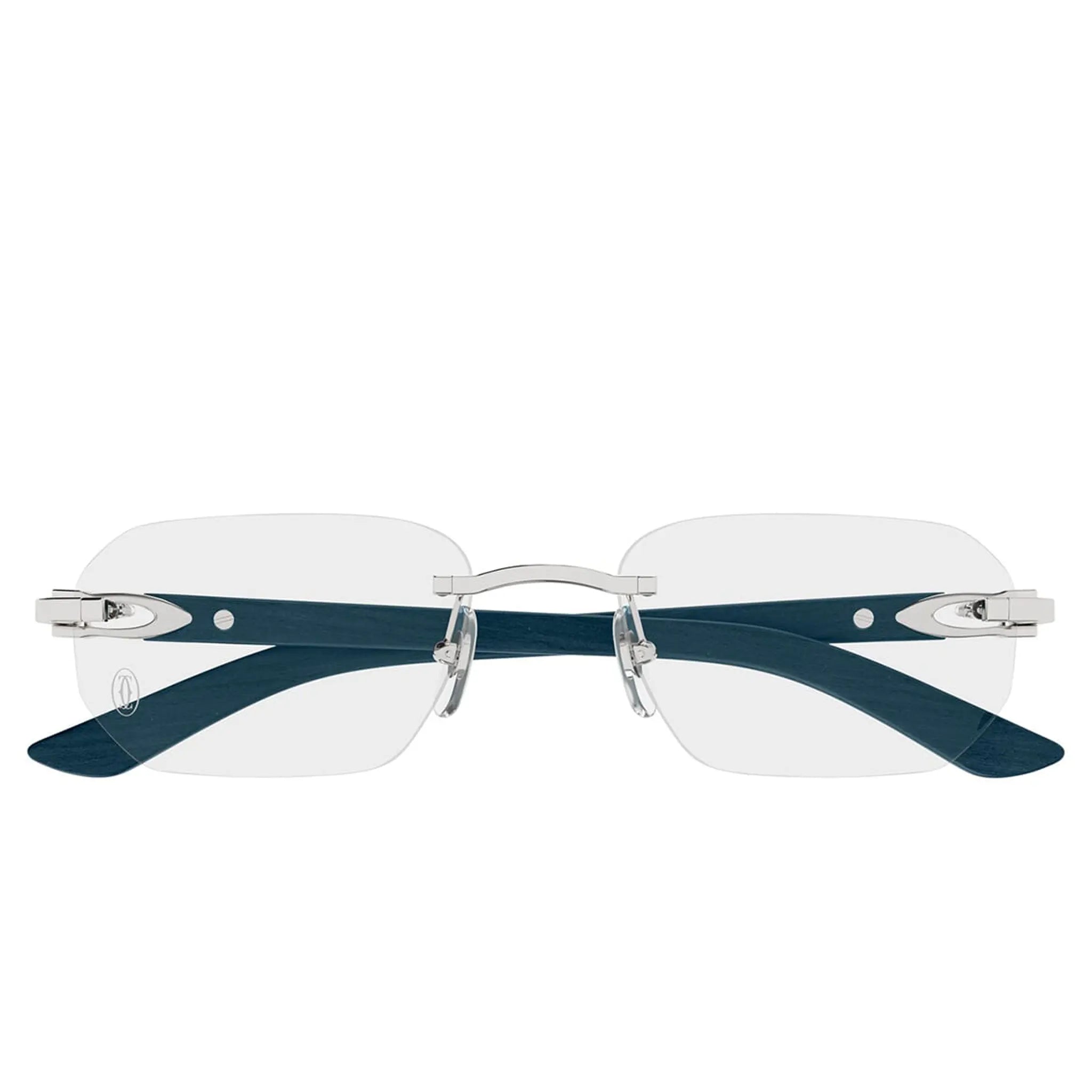 Front View of Cartier Eyewear CT0583O-004 Buffalo Horn Transparent Silver Grey Rimless Sunglasses