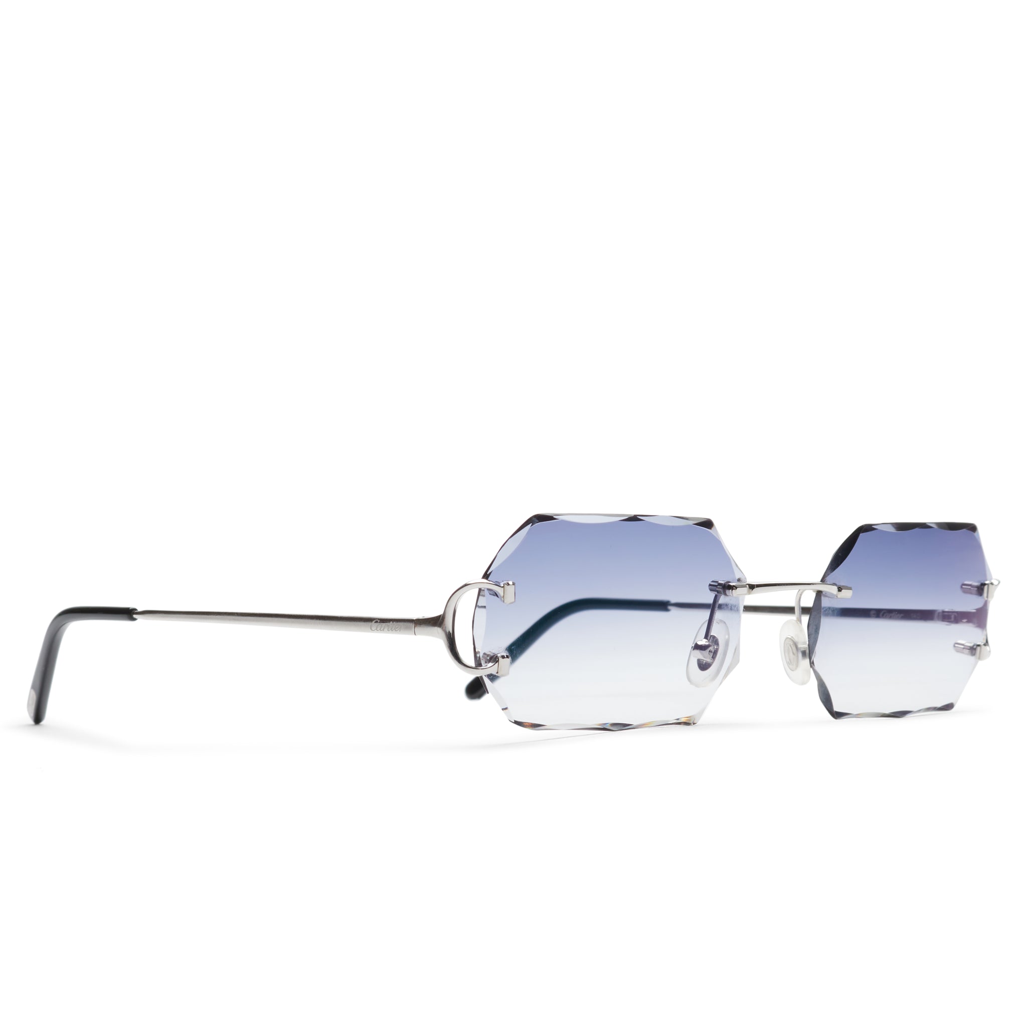Front side view of Cartier Eyewear Custom CT00920-002 C Decor Silver Blue Rimless Sunglasses