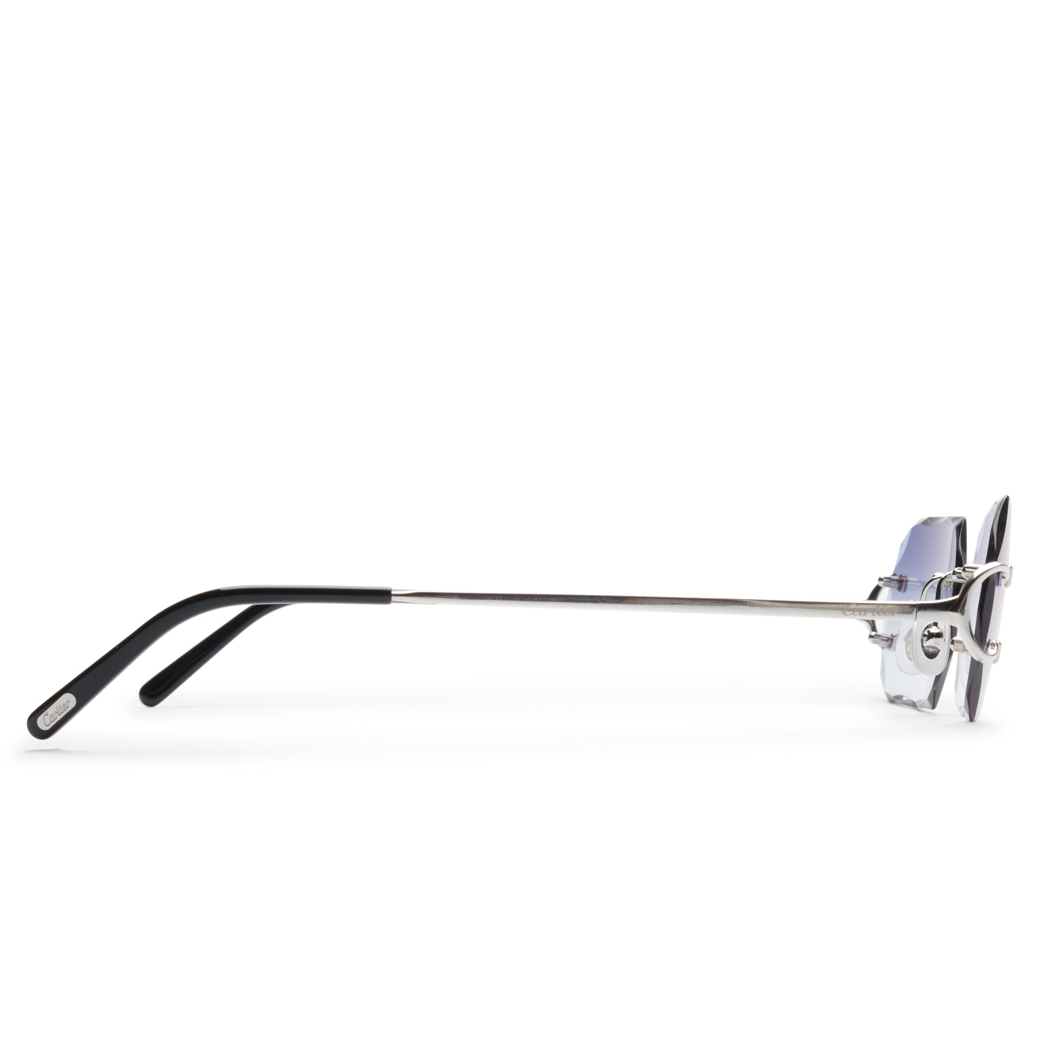 Side view of Cartier Eyewear Custom CT00920-002 C Decor Silver Blue Rimless Sunglasses