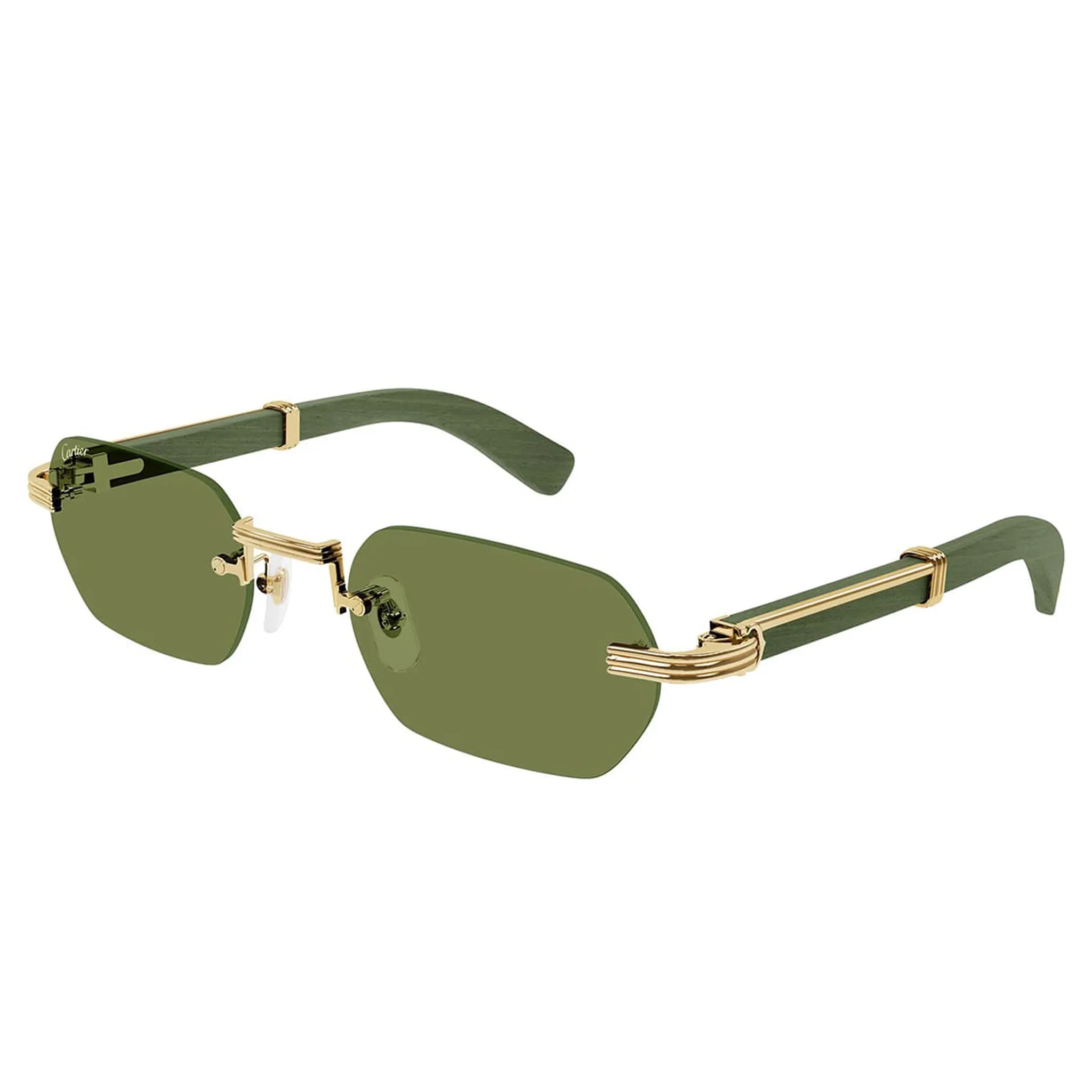 Front Side View of Cartier Eyewear Premiere CT0362S-006 Gold Green Wood Rimless Sunglasses