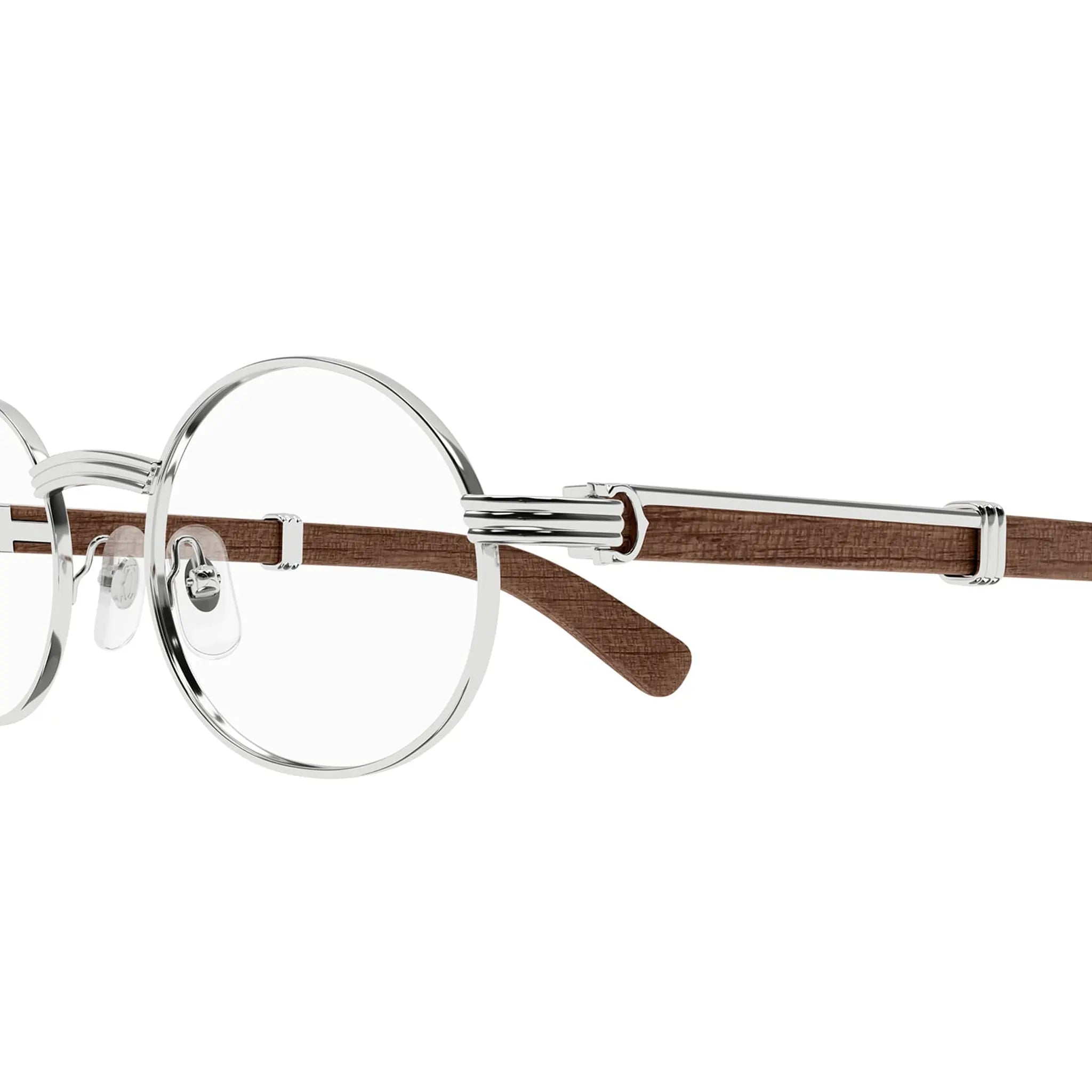 Detailed View of Cartier Eyewear Premiere CT0464O-003 Transparent Silver Brown Wood Sunglasses