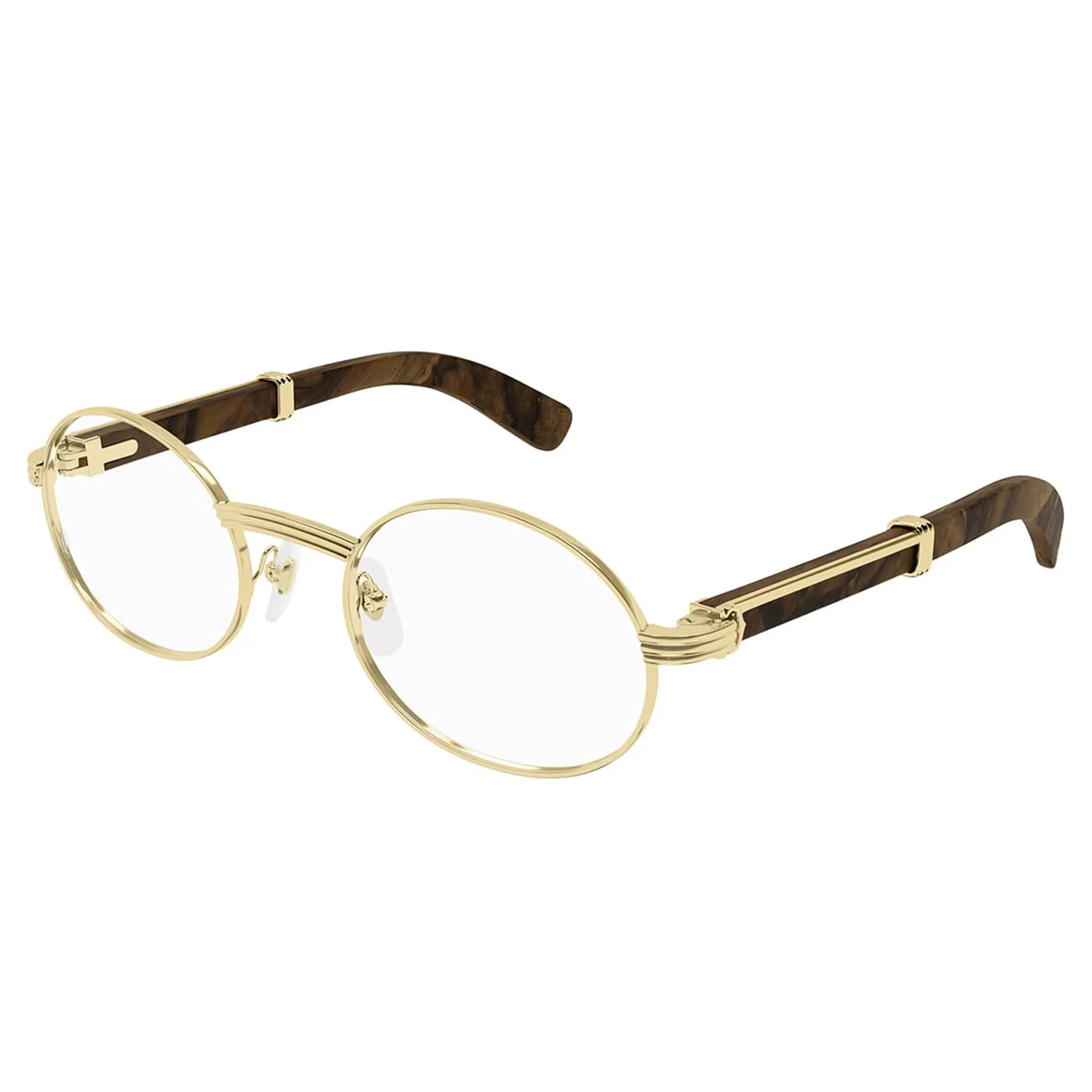Front Side View of Cartier Eyewear Premiere CT0464O-004 Transparent Gold Brown Wood Rimless Sunglasses