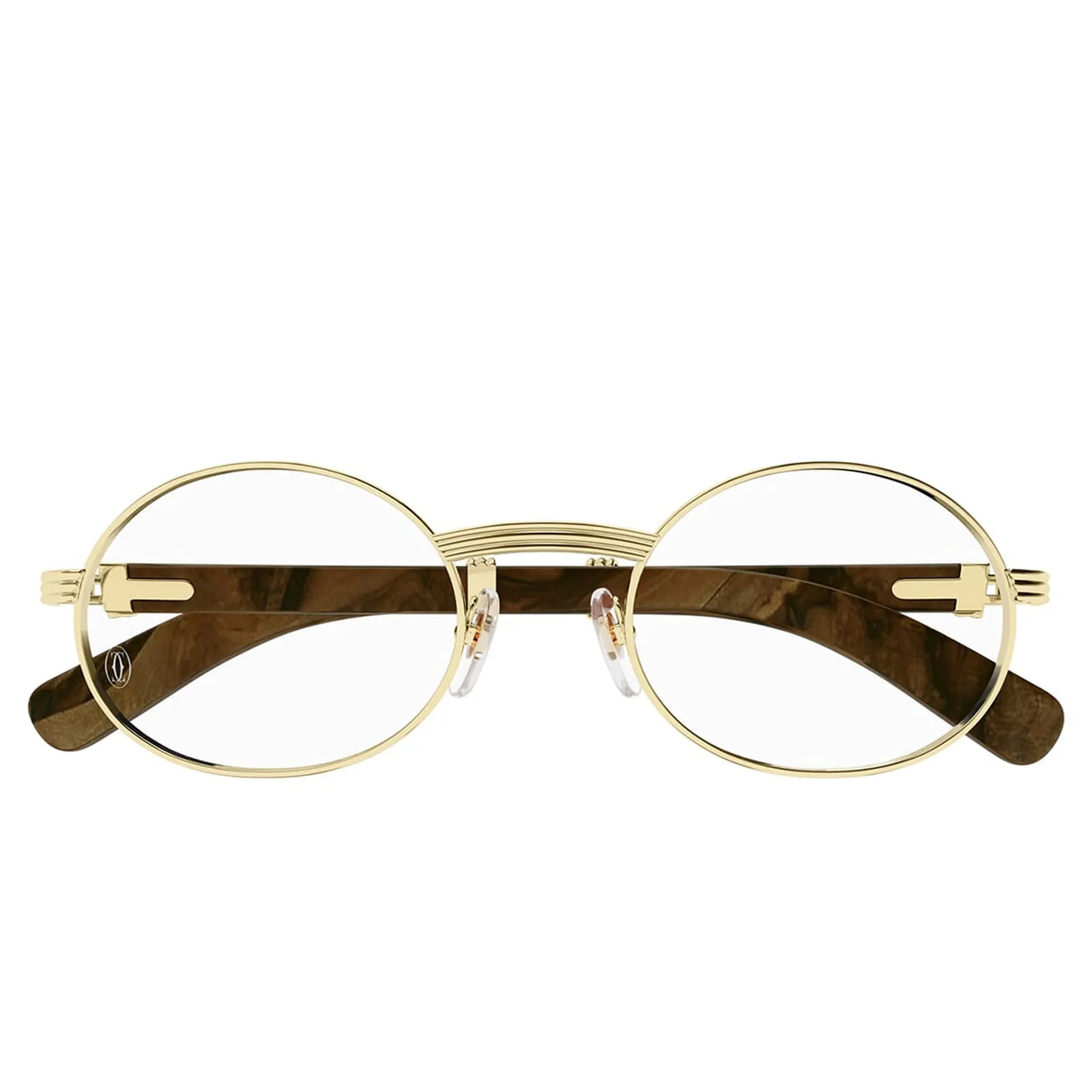 Front View of Cartier Eyewear Premiere CT0464O-004 Transparent Gold Brown Wood Rimless Sunglasses