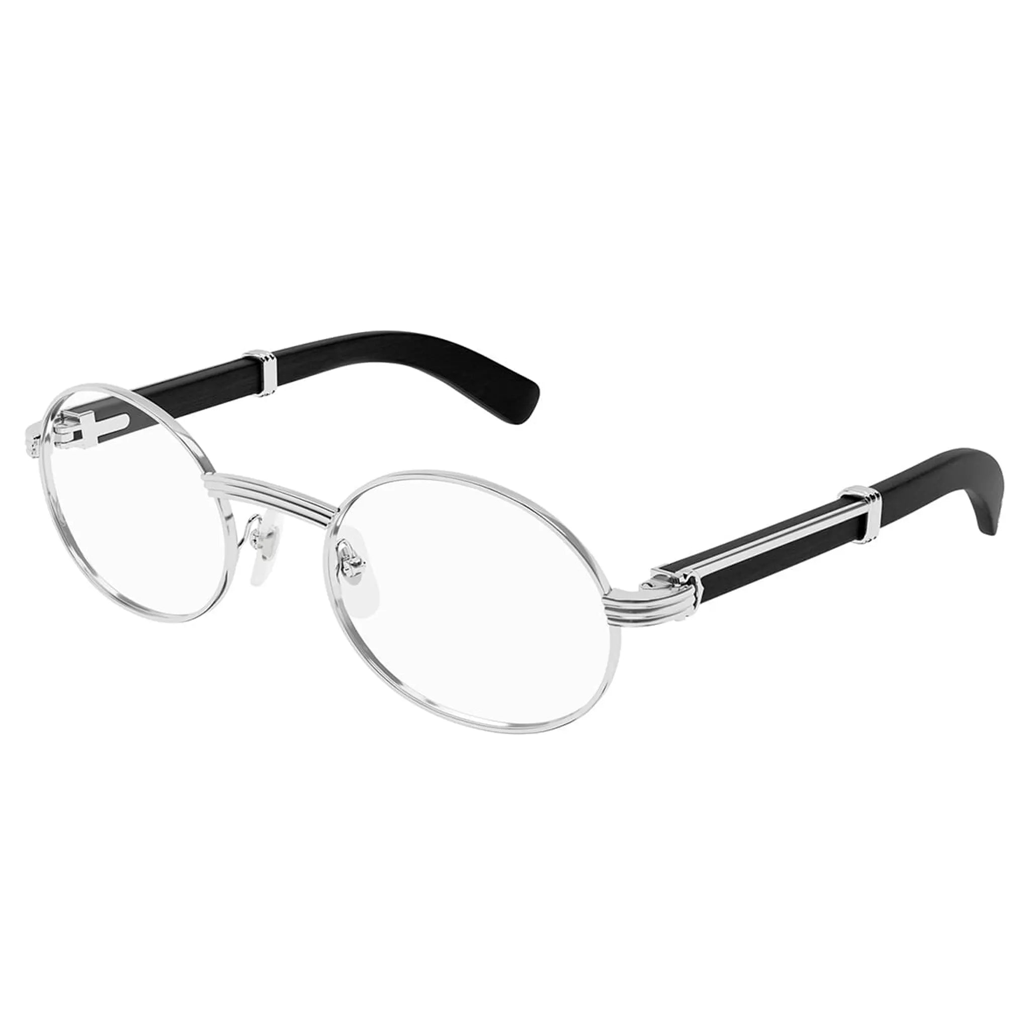 Front Side View of Cartier Eyewear Premiere CT0464O-005 Transparent Silver Black Wood Rimless Sunglasses