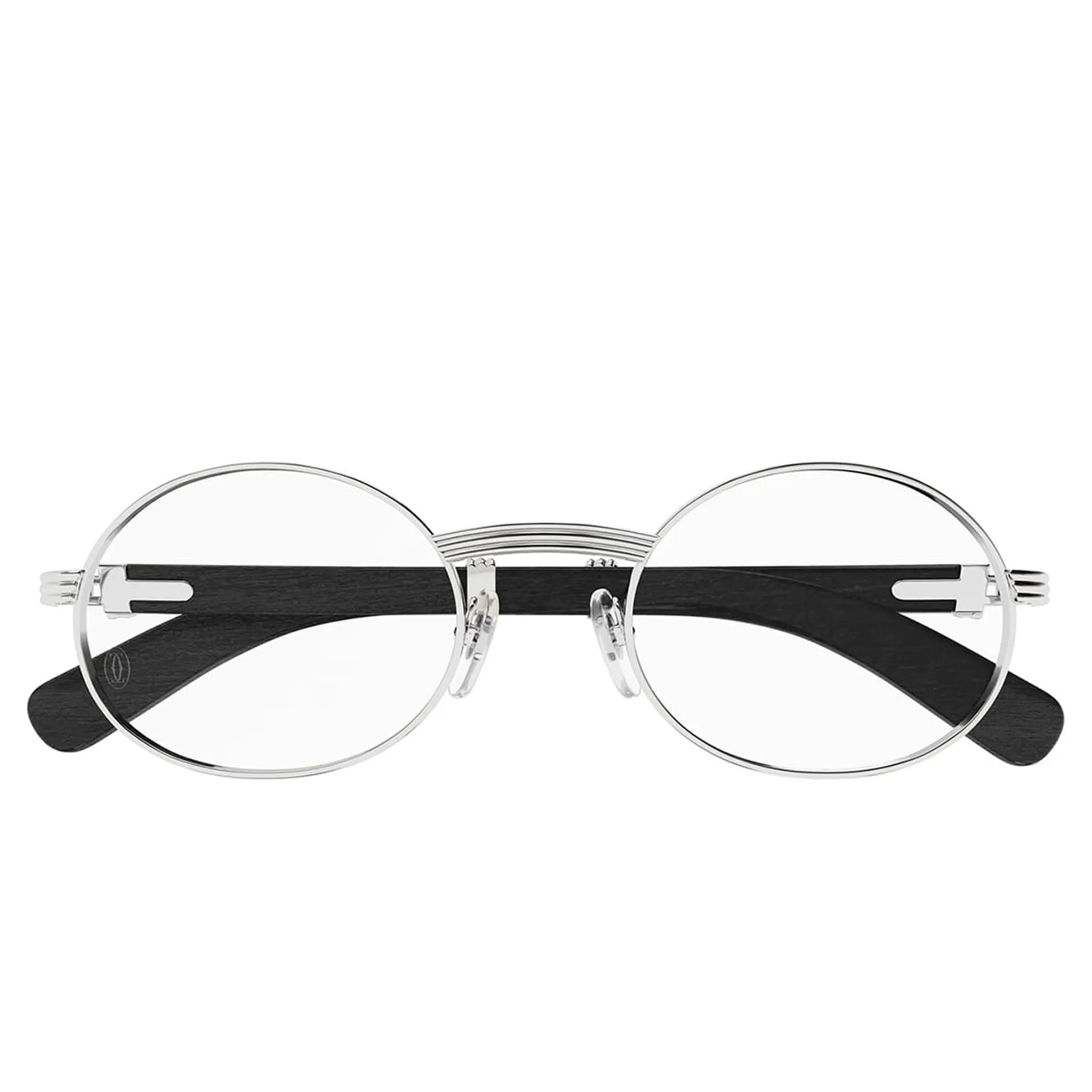 Front View of Cartier Eyewear Premiere CT0464O-005 Transparent Silver Black Wood Rimless Sunglasses