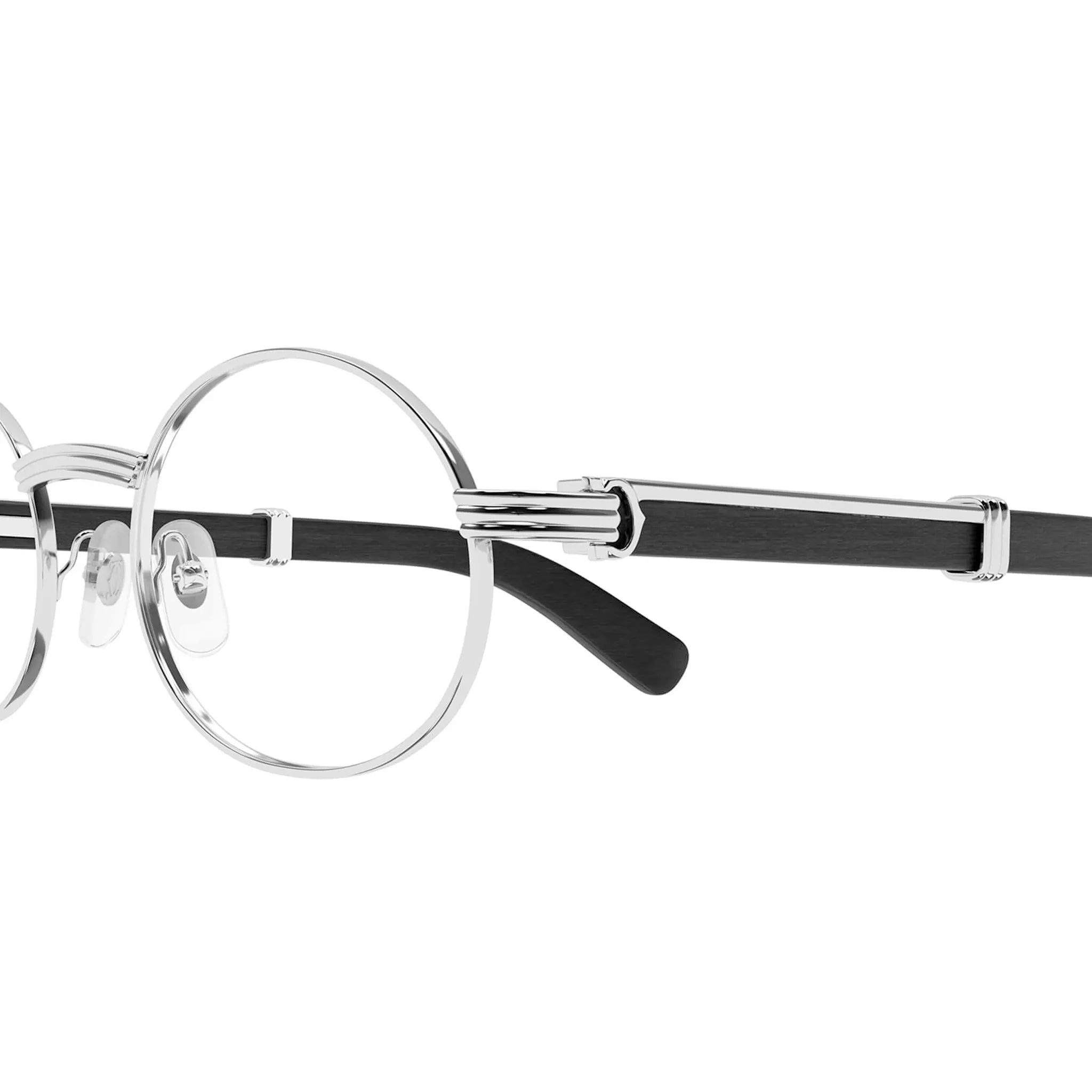Detailed View of Cartier Eyewear Premiere CT0464O-005 Transparent Silver Black Wood Rimless Sunglasses