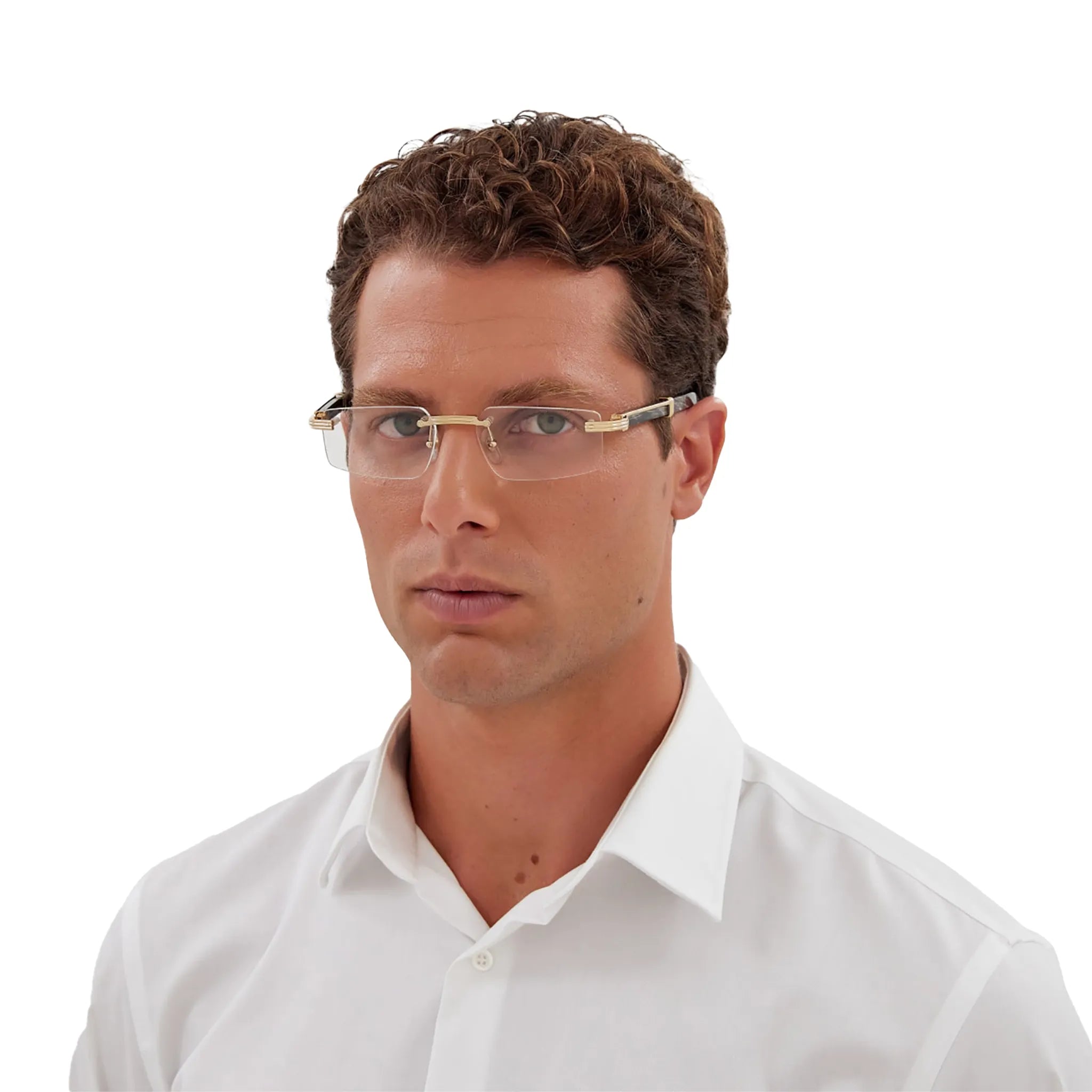 Model View of Cartier Eyewear Premiere CT0485O-001 Transparent Buffalo Horn Black Gold Rimless Sunglasses
