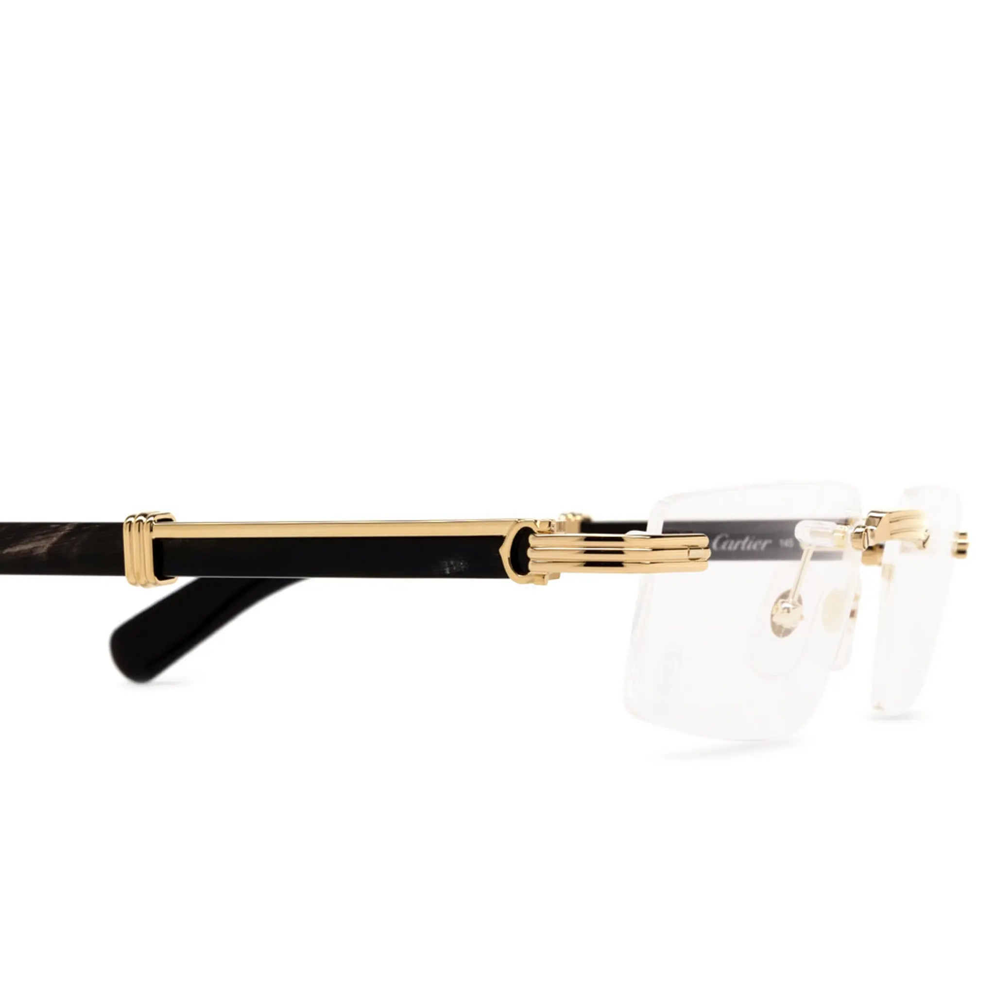 Detailed View of Cartier Eyewear Premiere CT0485O-001 Transparent Buffalo Horn Black Gold Rimless Sunglasses
