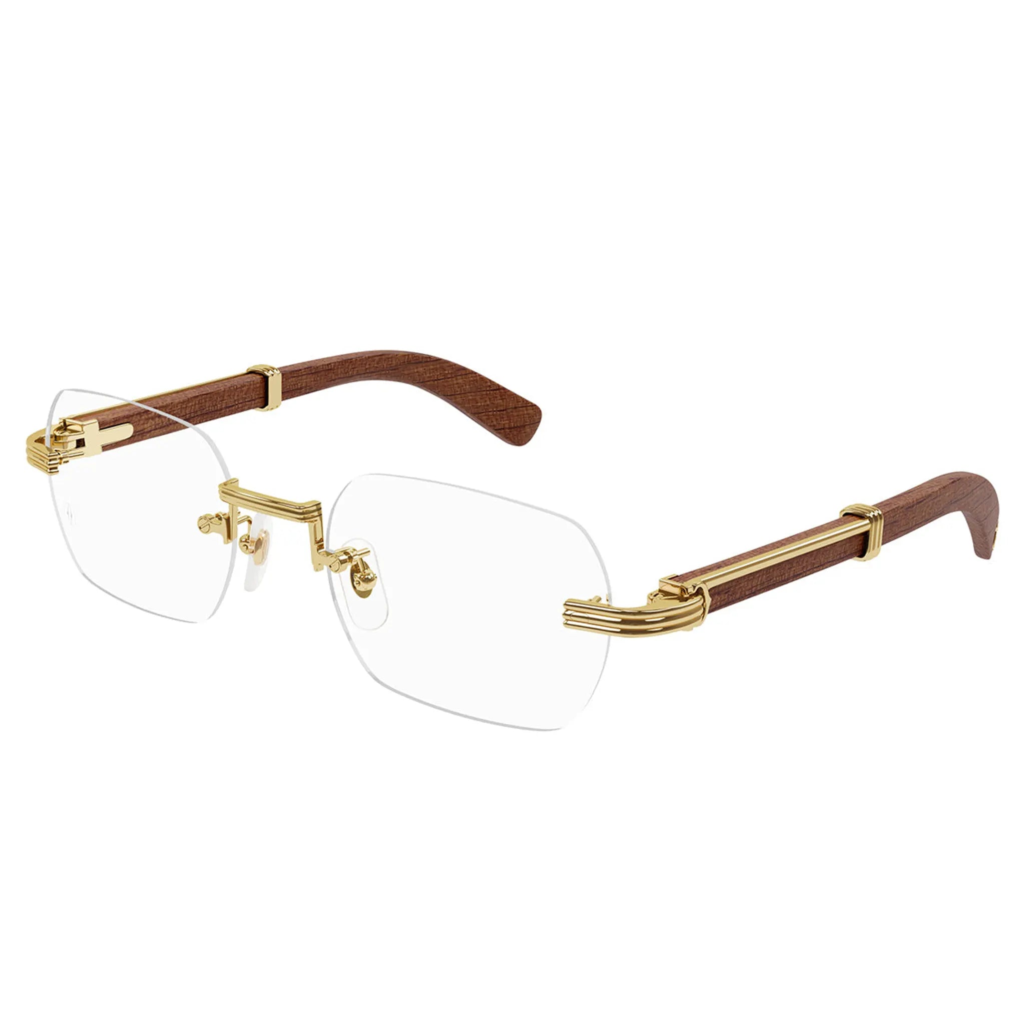 Front Side View of Cartier Eyewear Premiere CT0485O-002 Transparent Gold Brown Wood Rimless Sunglasses
