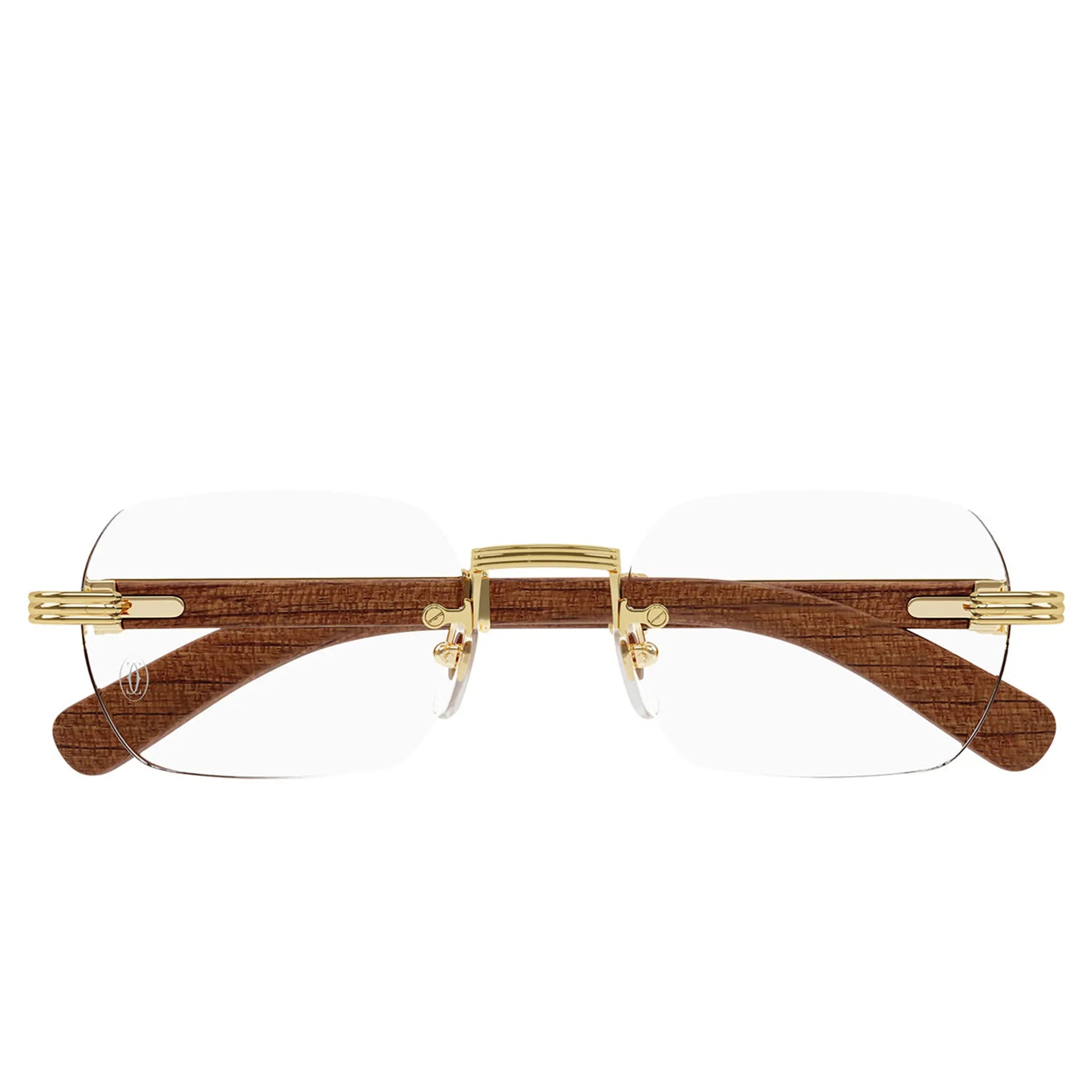 Front View of Cartier Eyewear Premiere CT0485O-002 Transparent Gold Brown Wood Rimless Sunglasses