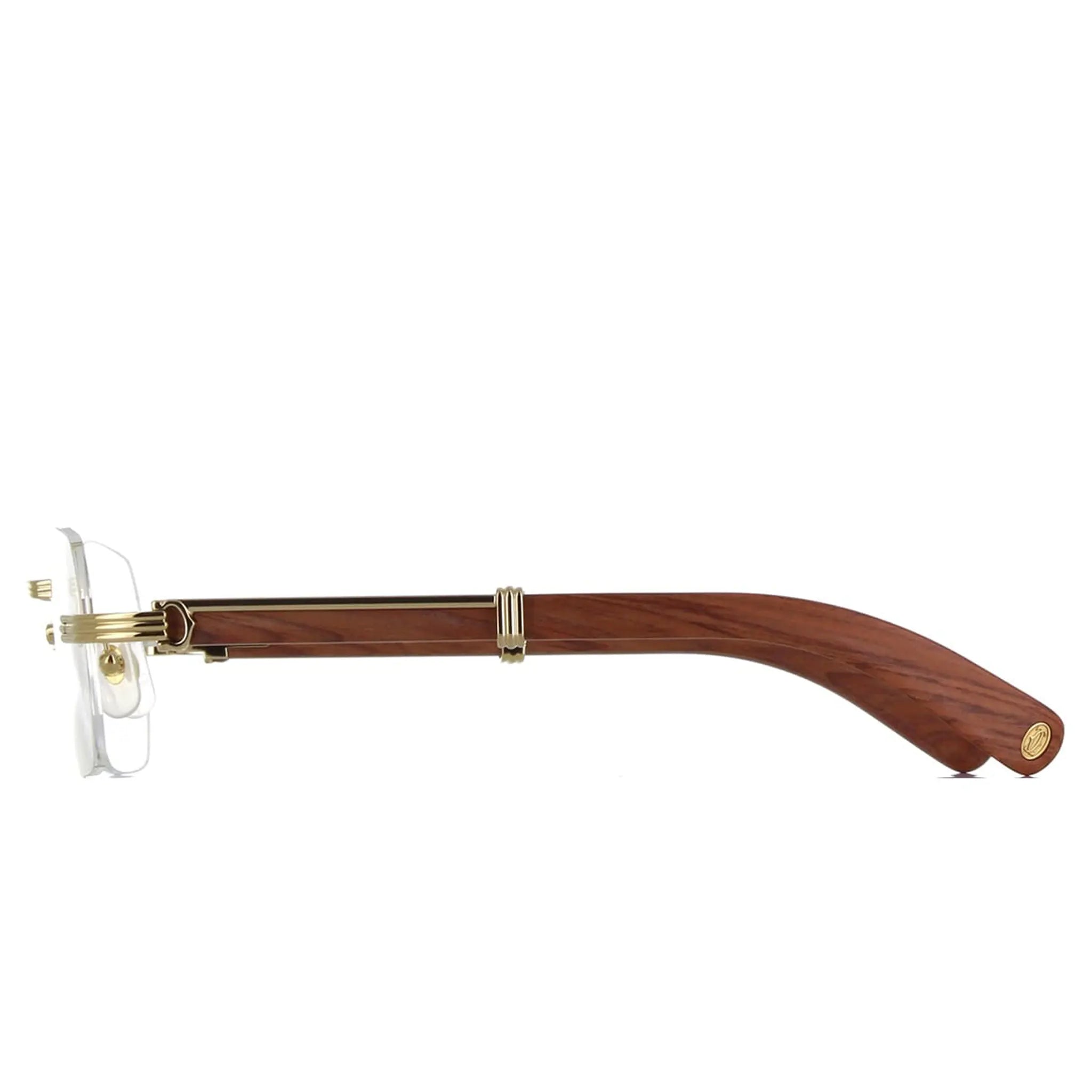 Side View of Cartier Eyewear Premiere CT0485O-002 Transparent Gold Brown Wood Rimless Sunglasses