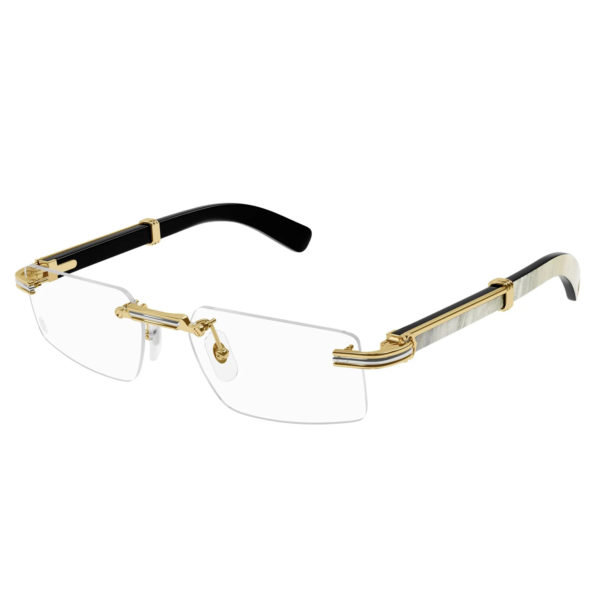 Front Side View of Cartier Eyewear Premiere CT0485O-003 Transparent Buffalo Horn Gold White Rimless Sunglasses