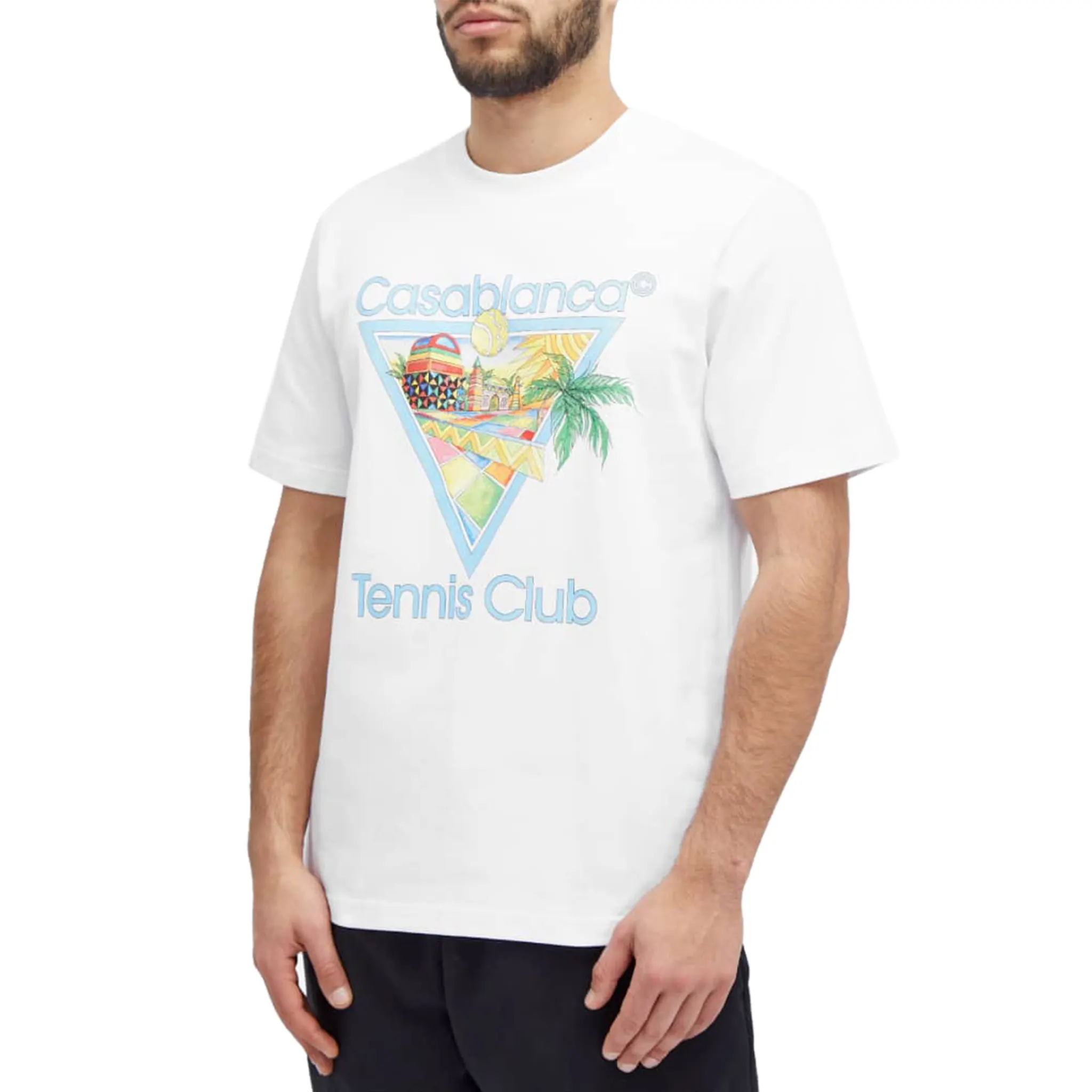 Model front view of Casablanca Afro Cubism Tennis Club White T Shirt MS24-JTS-001-05