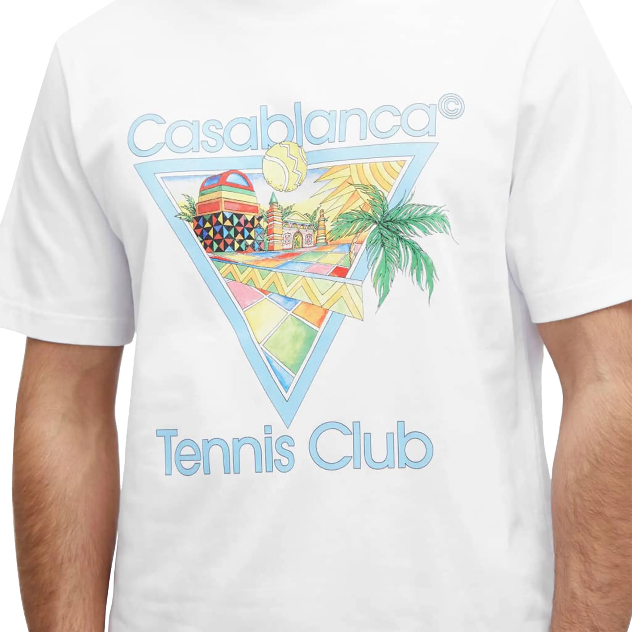 Model logo view of Casablanca Afro Cubism Tennis Club White T Shirt MS24-JTS-001-05