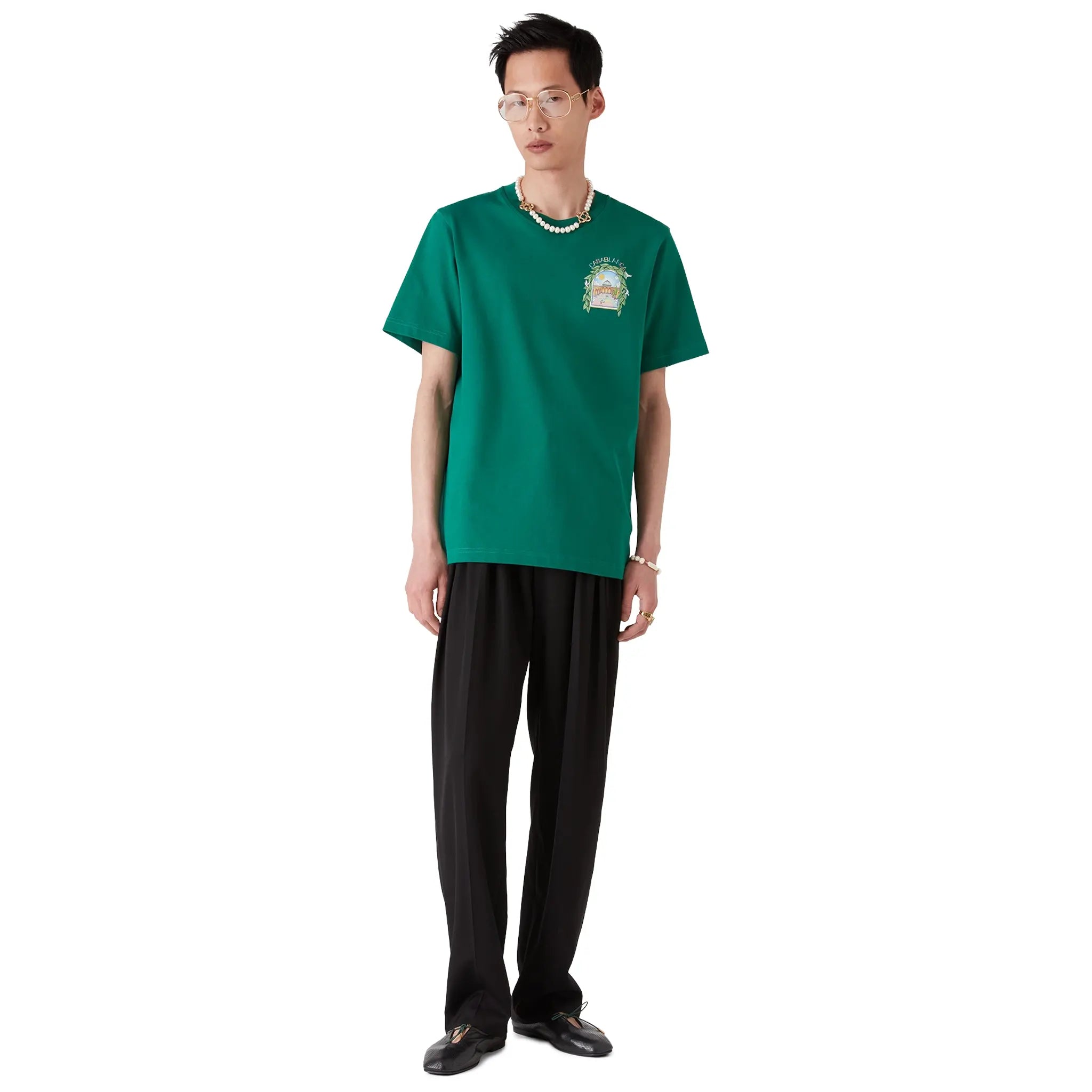 Front View of Casablanca L'Arche Tennis Club Graphic Racing Green T Shirt