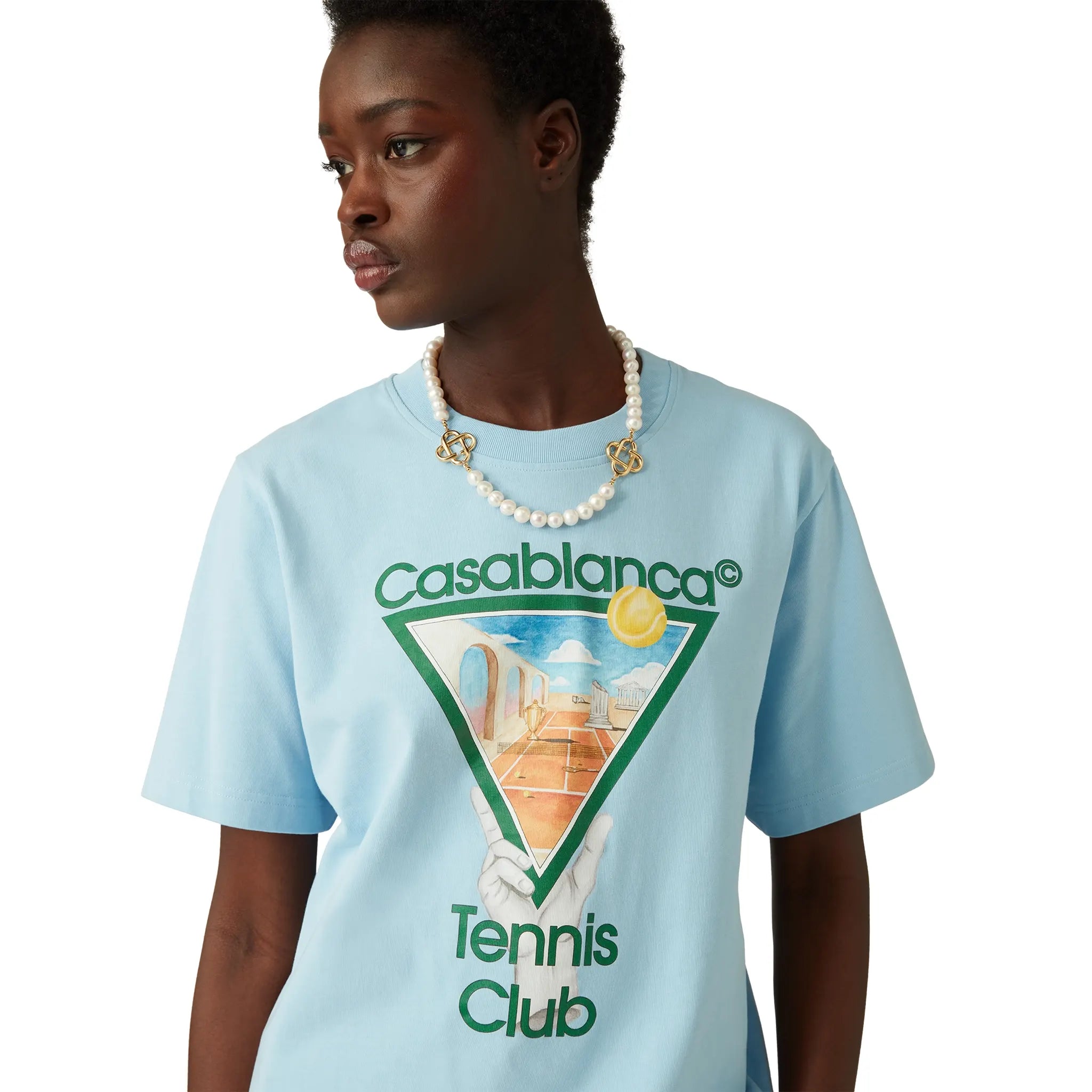 Front View of Casablanca Metaphysical Tennis Icon Blue T-Shirt MS25-JTS-001-14
