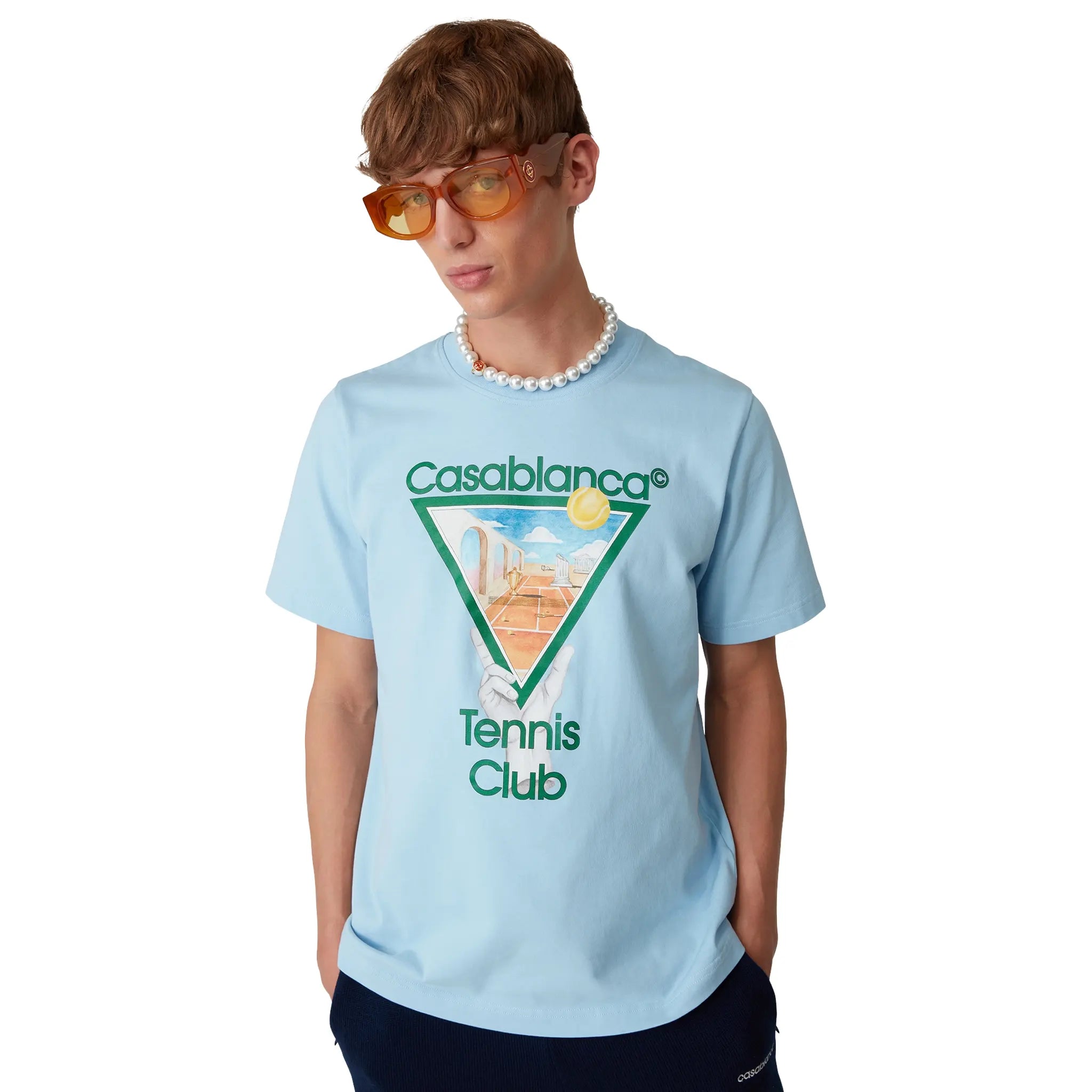 Front View of Casablanca Metaphysical Tennis Icon Blue T-Shirt MS25-JTS-001-14