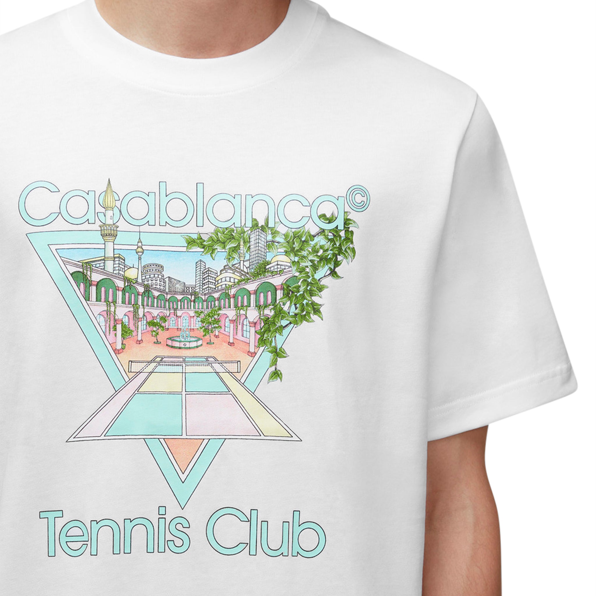 Model logo view of Casablanca Tennis Club Printed T Shirt White Pastelle MF23-JTS-001-13