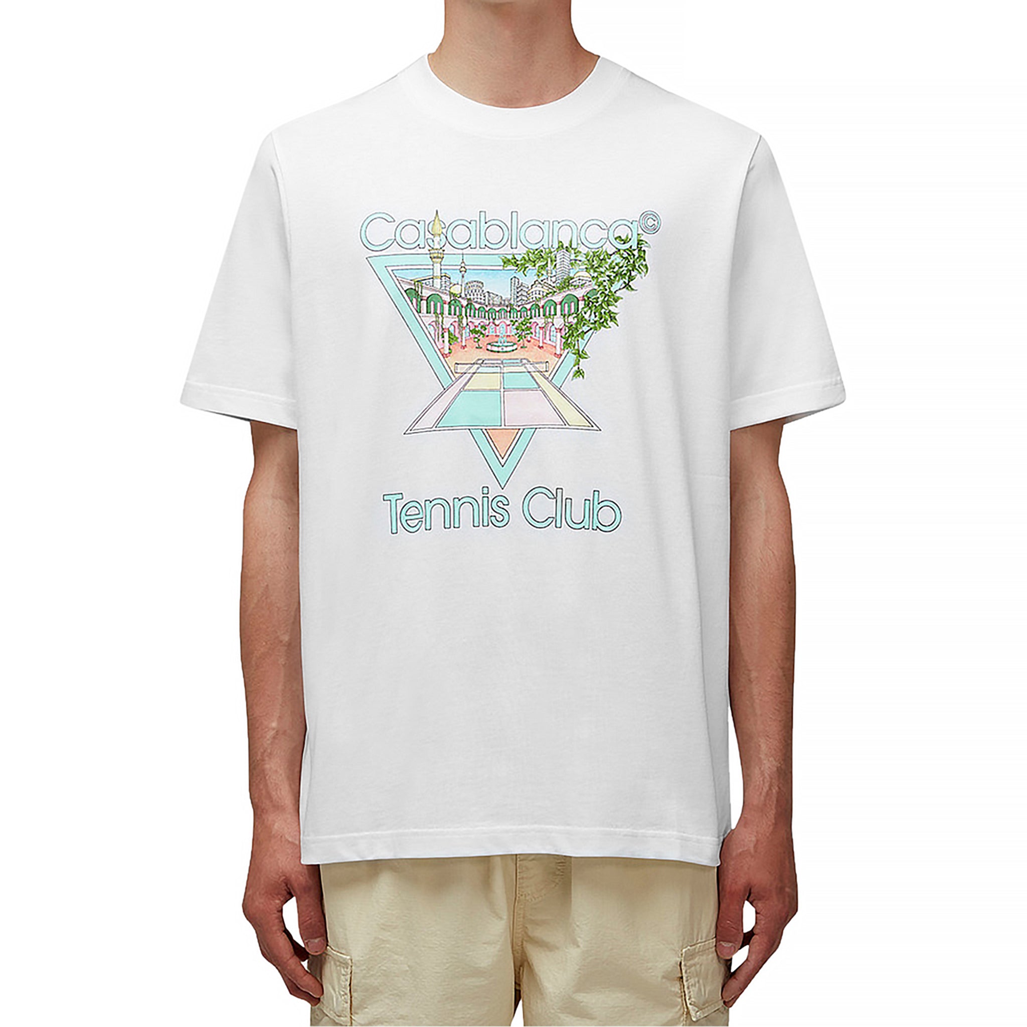 Model front view of Casablanca Tennis Club Printed T Shirt White Pastelle MF23-JTS-001-13
