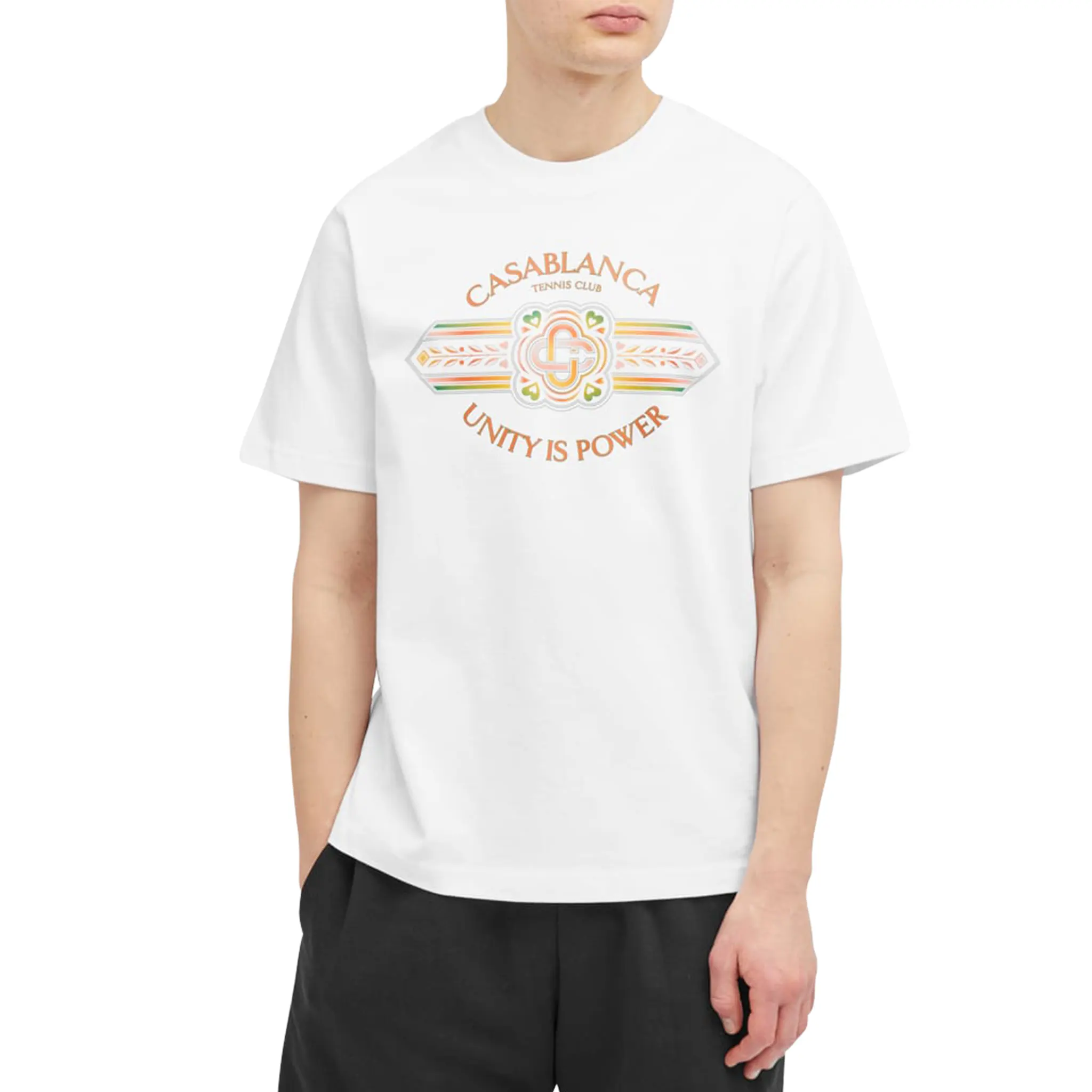 Model front view of Casablanca Unity Is Power White T Shirt MS24-JTS-001-12