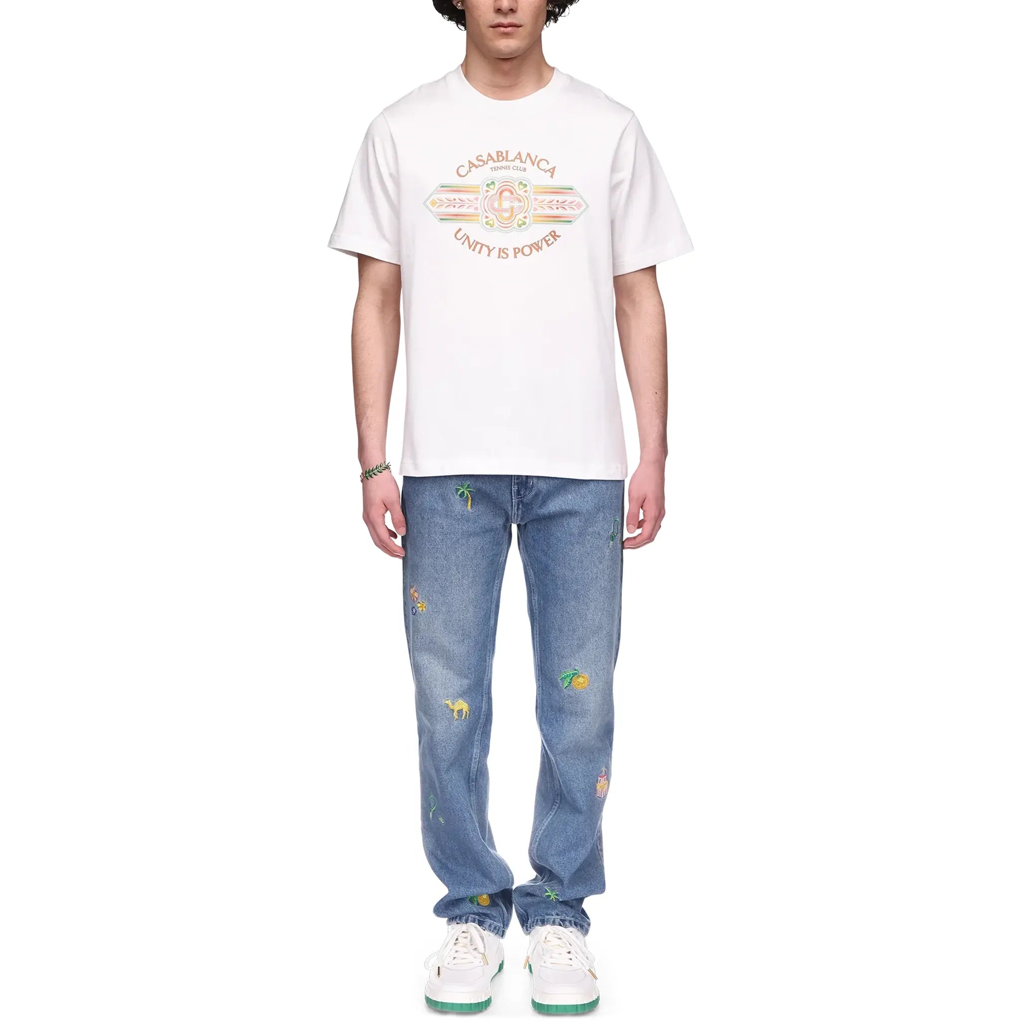 Front view of Casablanca Unity Is Power White T Shirt MS24-JTS-001-12