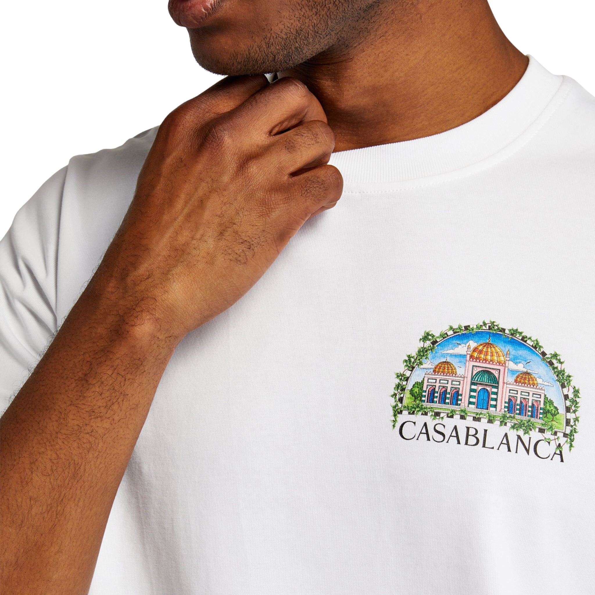 Model close view of Casablanca Vue De Damas T Shirt White MF23-JTS-001-23