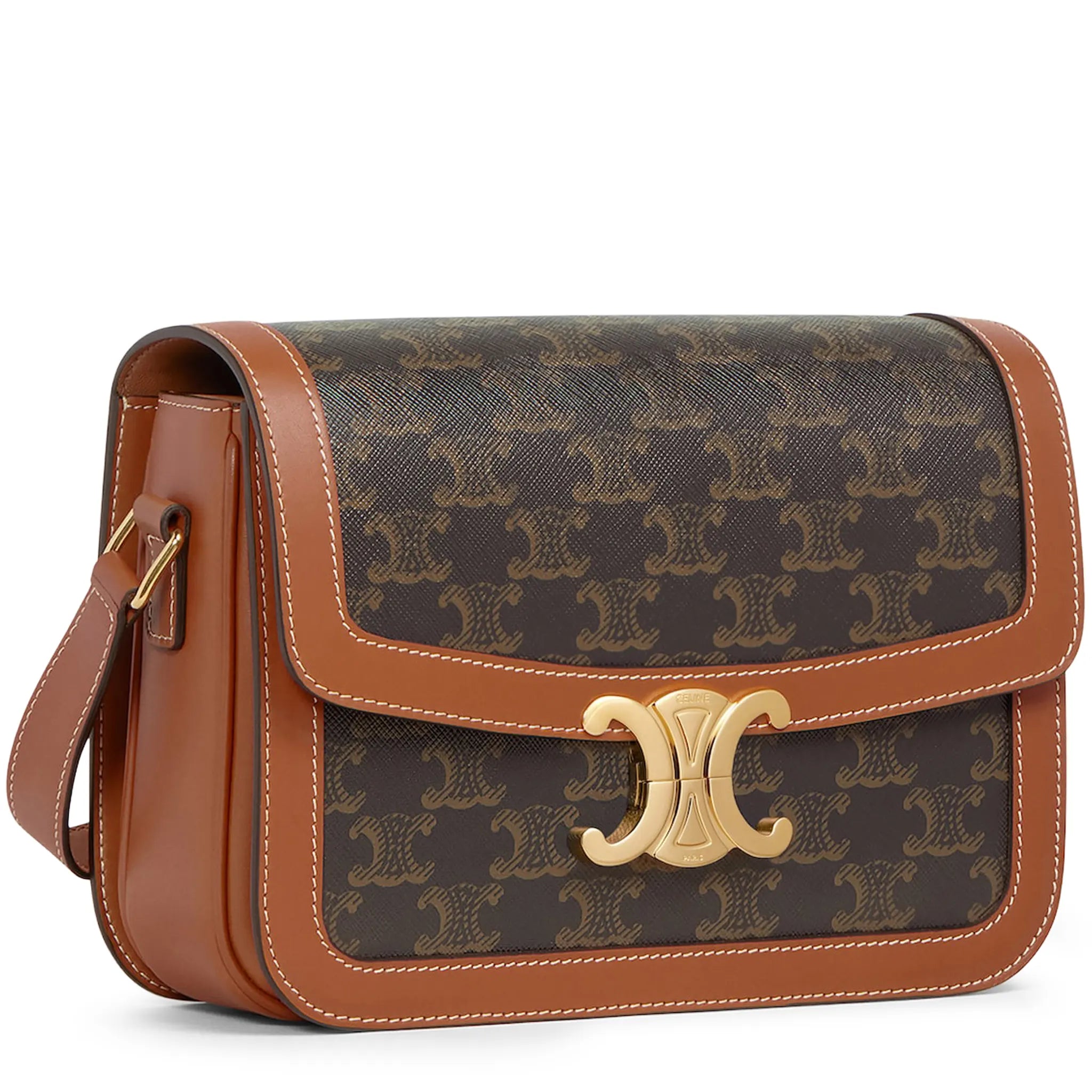 Front Side View of Celine Classique Triomphe Canvas and Calfskin Tan Shoulder Bag 191242BZ4_04LU