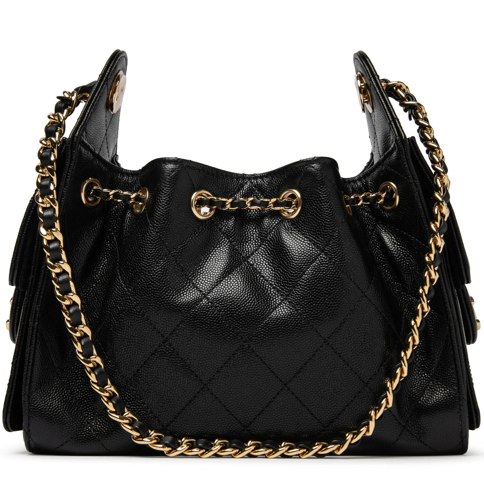 Back View of Chanel 25 Grained Calfskin Gold Tone Metal Black Mini Handbag